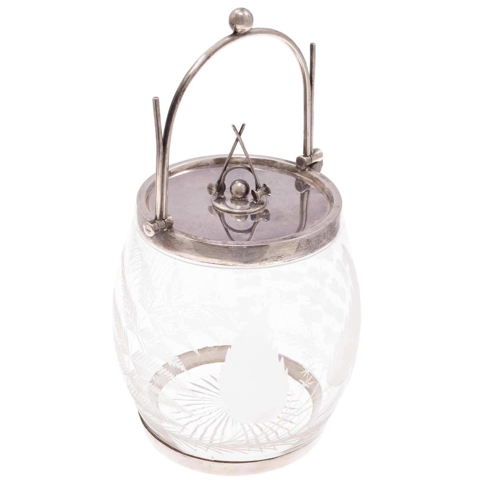 An English Croquet Strikers Covered Jar: An English Croquet Strikers Covered Jar The lid finial in the form of crossed mallets and a ball under a wicket, the swing handle also of croquet mallets and a ball, over a glass jar incised with vari