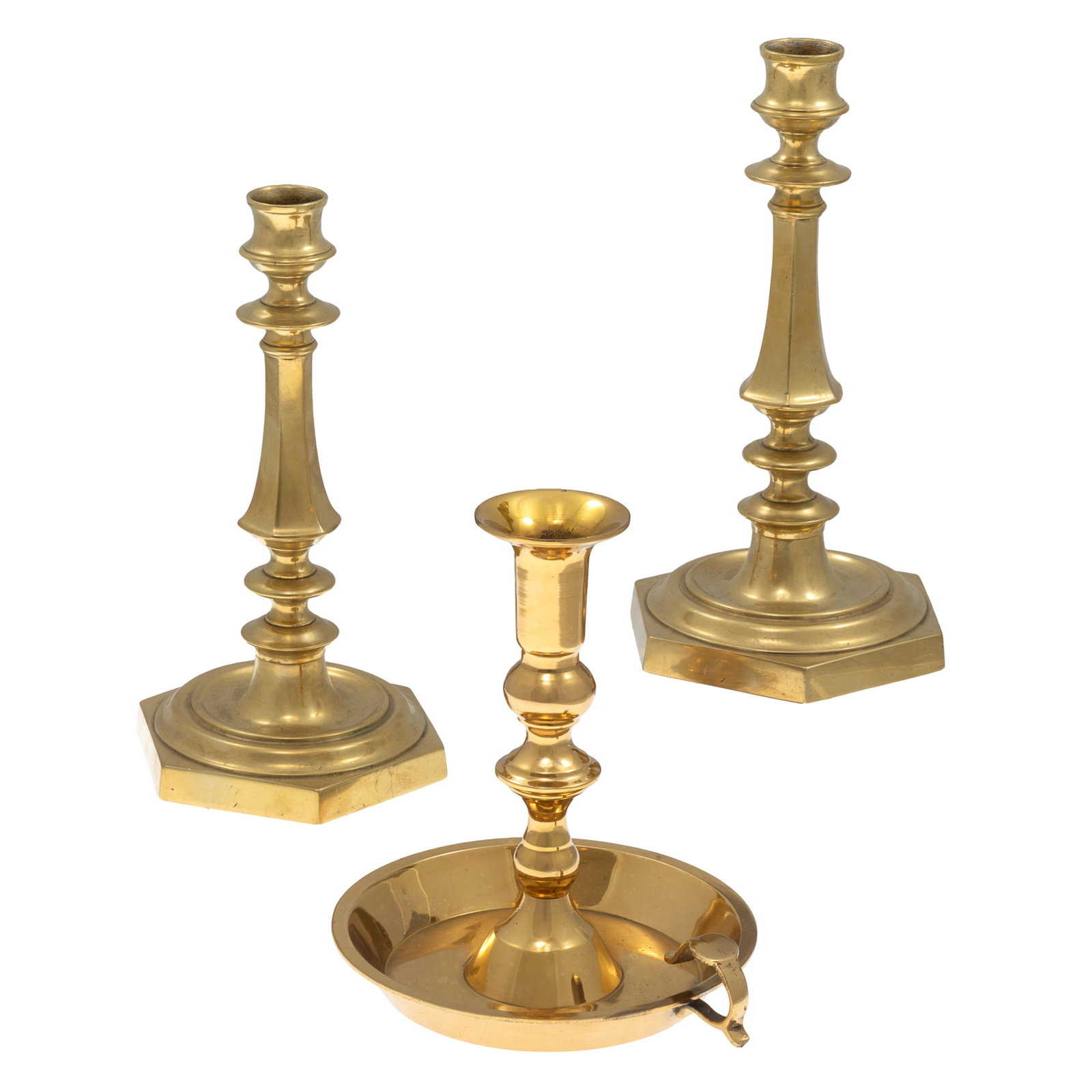 Pair of French Brass Candlesticks and a Chamber Stick (1 of 4)