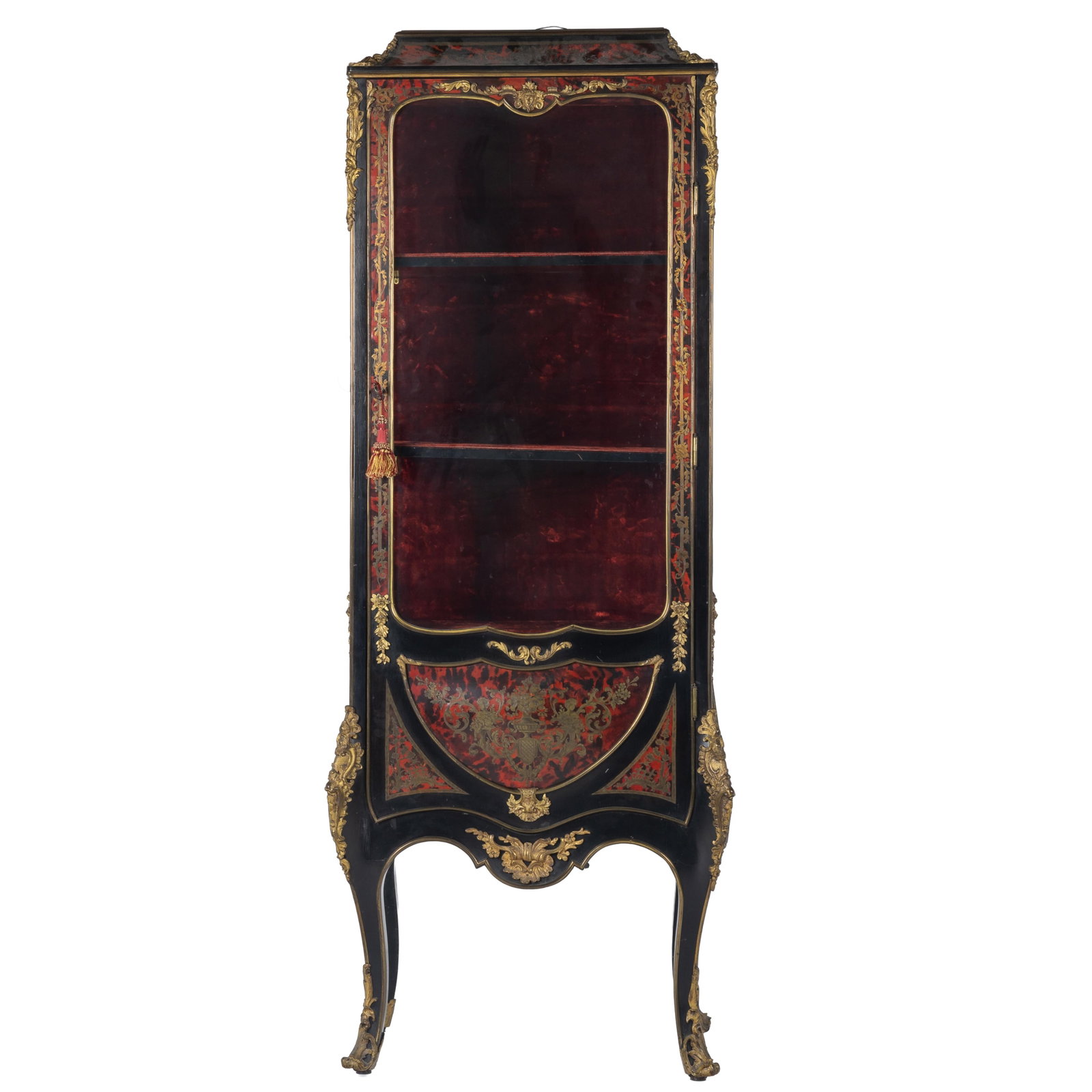 Napoleon III Vitrine Cabinet: Napoleon III Vitrine Cabinet The case paint decorated in imitation of premiere partie boulle work with glass door enclosing a velvet upholstered interior flanked by gilt bronze foliate mounts. 72in (1