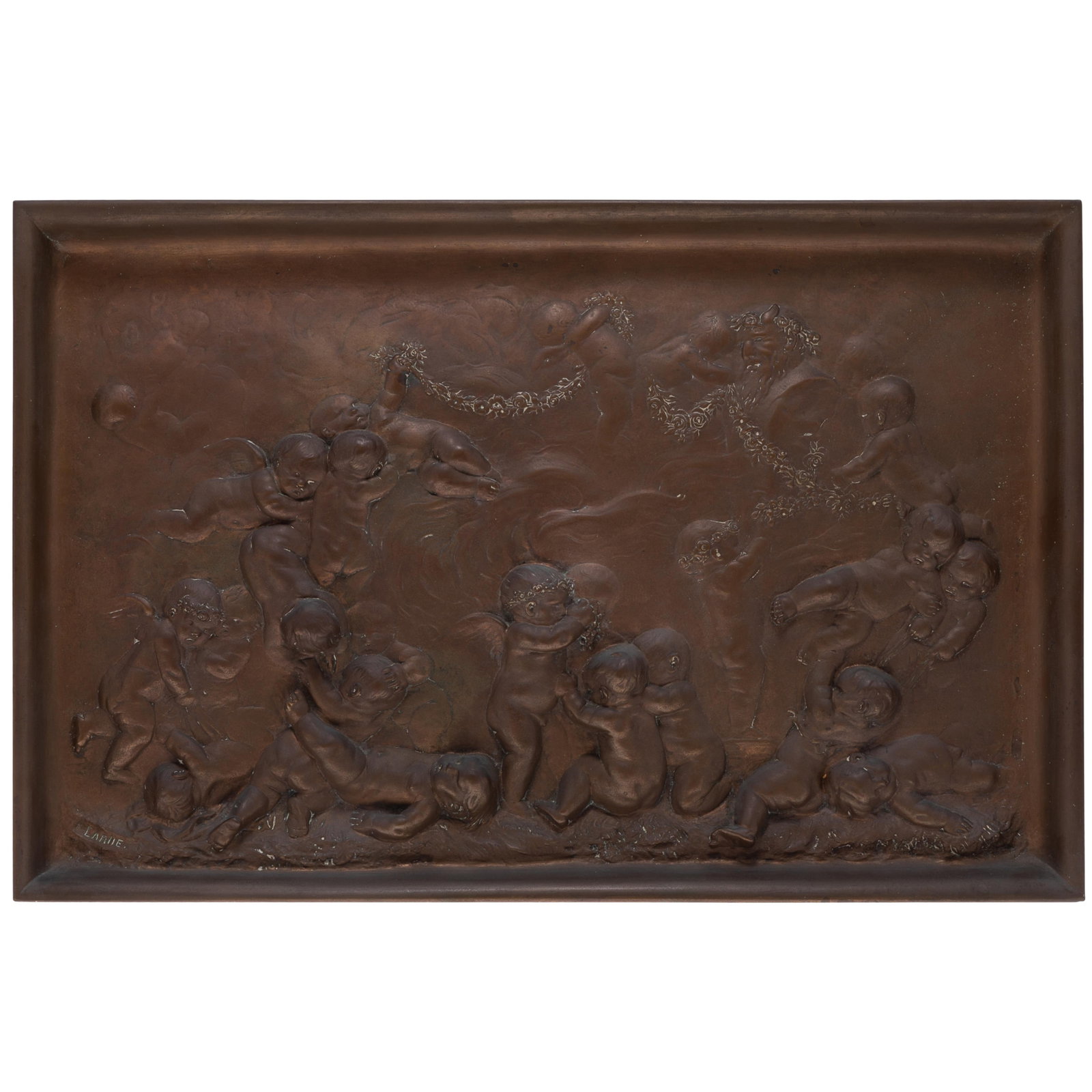 Renaissance Revival Bronze Plaque, Jean Denis Larue (French 1815-1893): Renaissance Revival Bronze Plaque Jean Denis Larue (French 1815-1893) Cast with Bacchus and putti weaving floral swags. 1 1/2in h. 18 1/2in l. 12 1/2in d' After an engraving by The Master of the Die,