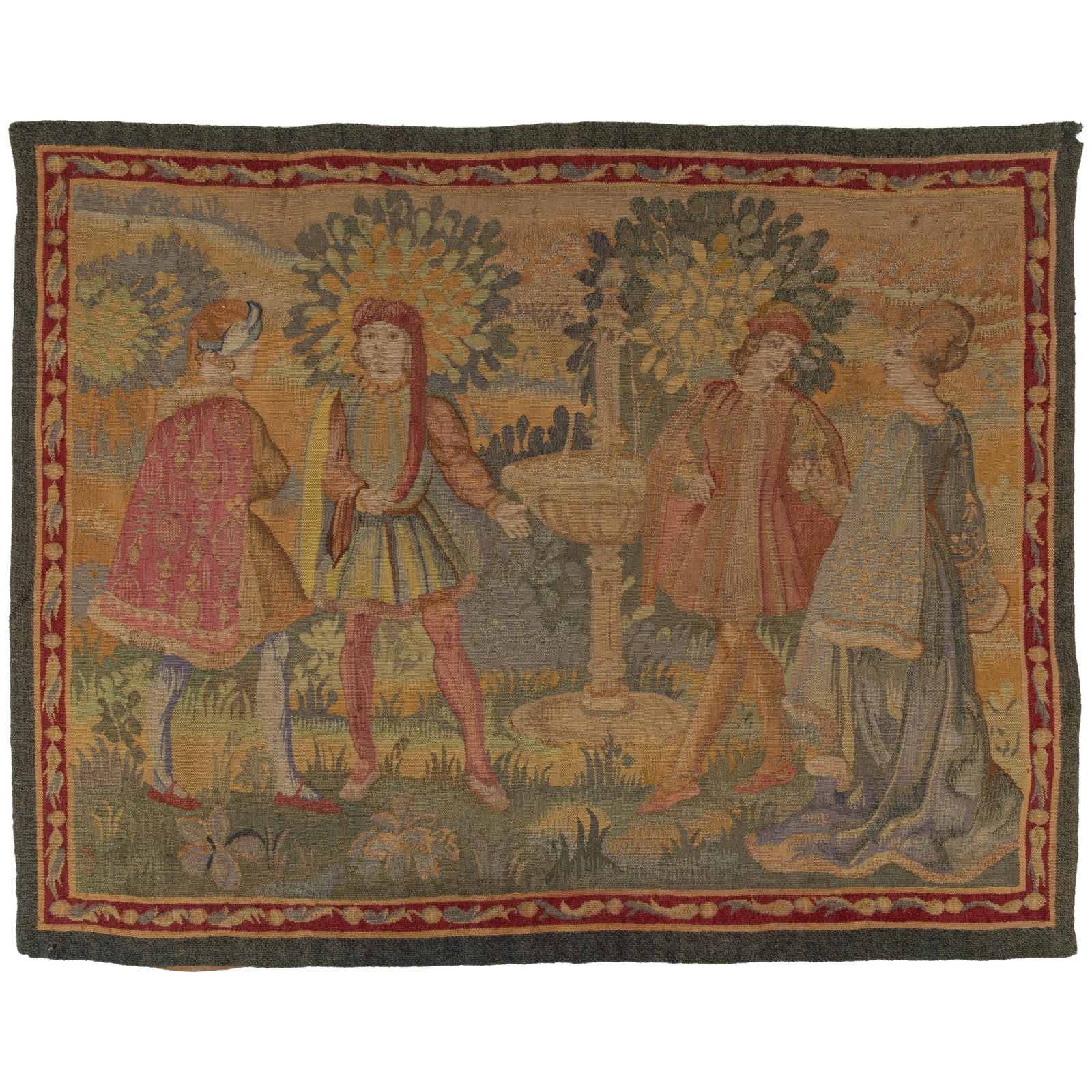 Aubusson Style Verdure Tapestry: Aubusson Style Verdure Tapestry Within a floral band, four figures in Medieval costume in a garden setting. 42in. x 48in (107cm. x 122cm) Condition: Water stain to one edge. Some fading overall.