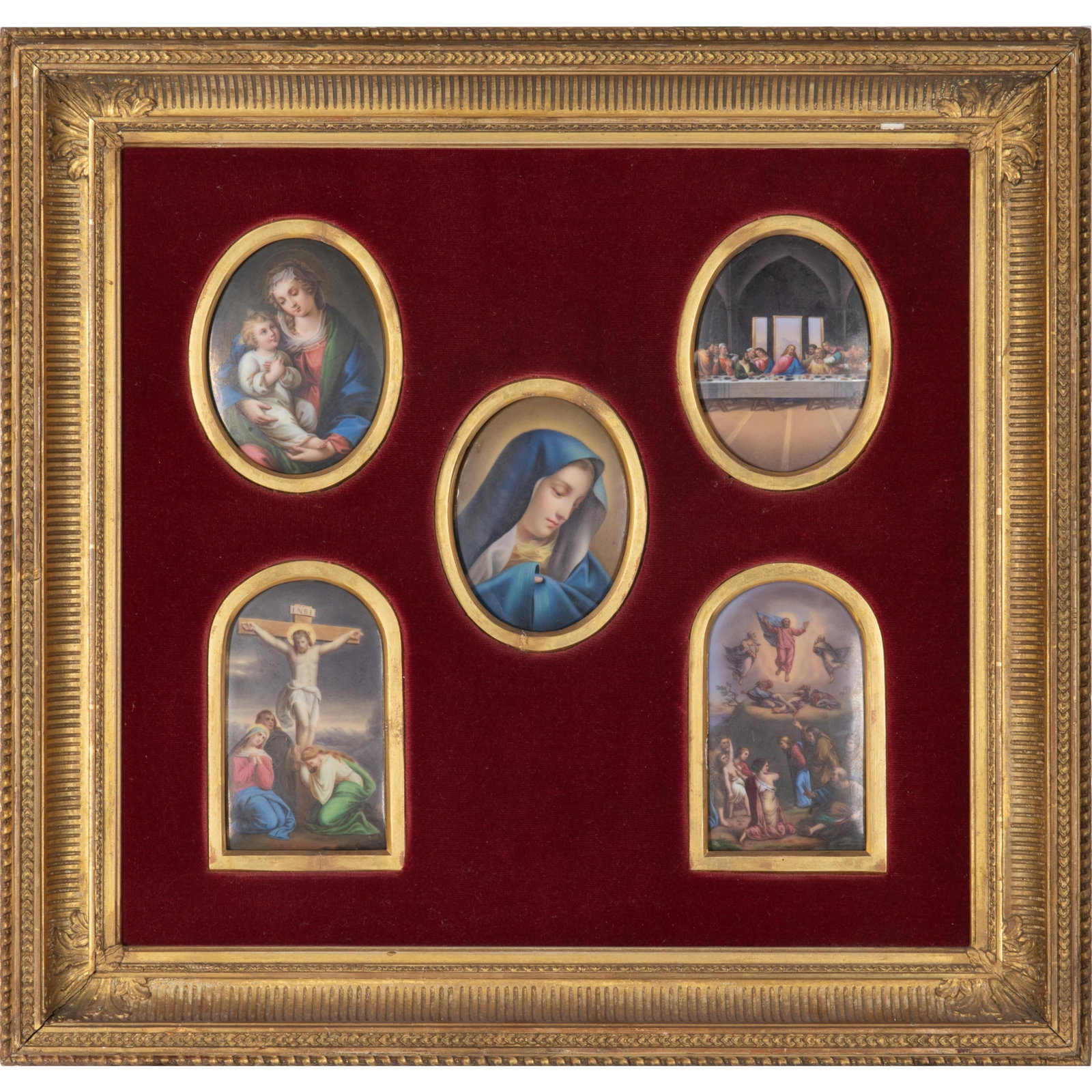 Porcelain Plaque Collection, Life of Christ: Porcelain Plaque Collection Life of Christ A framed collection of porcelain plaques depicting the Annunciation, Childhood, Last Supper, Crucifixion, Resurrection and Ascension each approx. 5in. x
