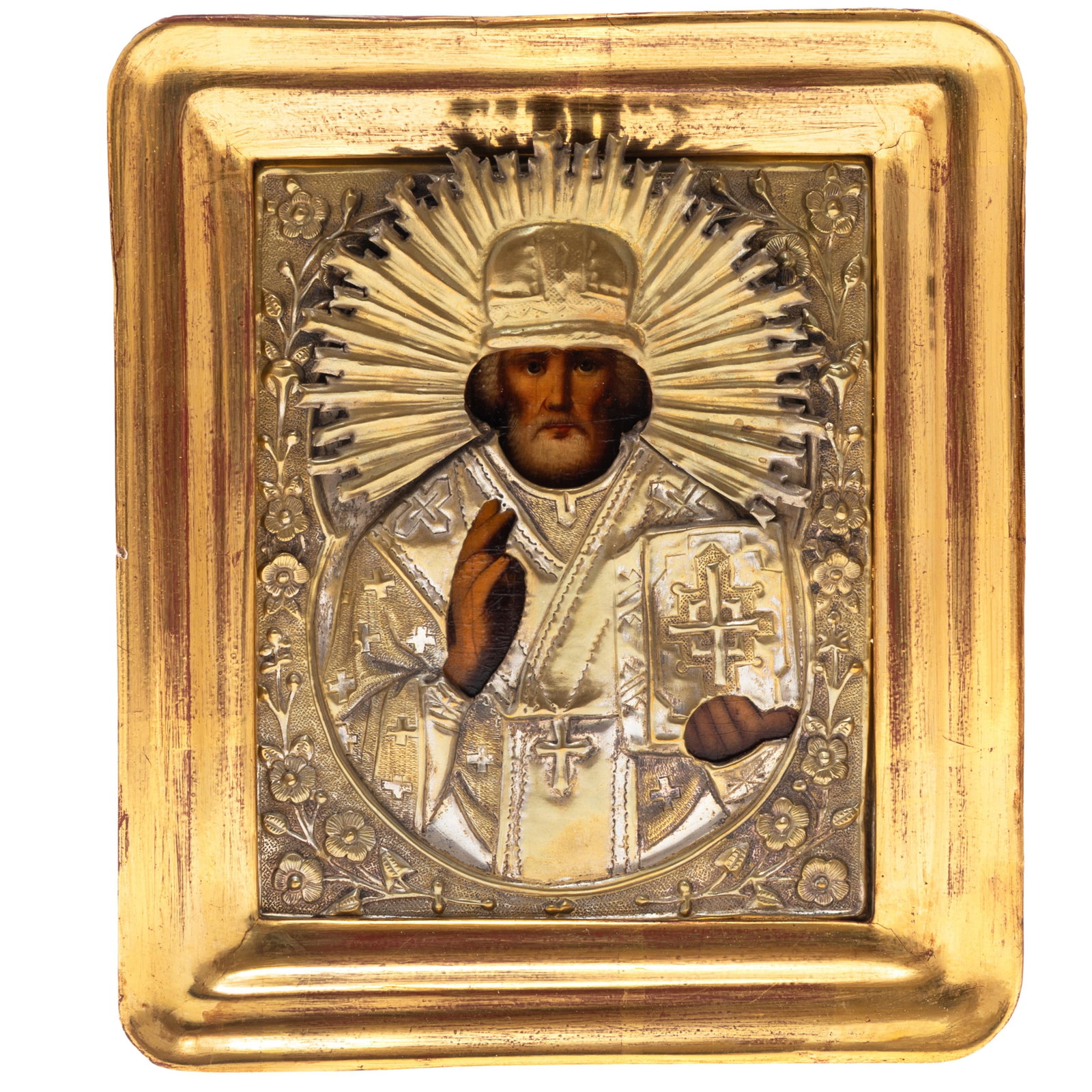 Russian Icon Christ Pantocrator: Russian Icon Christ Pantocrator The painted panel beneath a silver and gilt oklad within a framed glass and box frame. 5 1/4in x 6 1/2in (14cm. x 17cm) Framed 10in. x 8 1/2in (25cm. x 22cm)