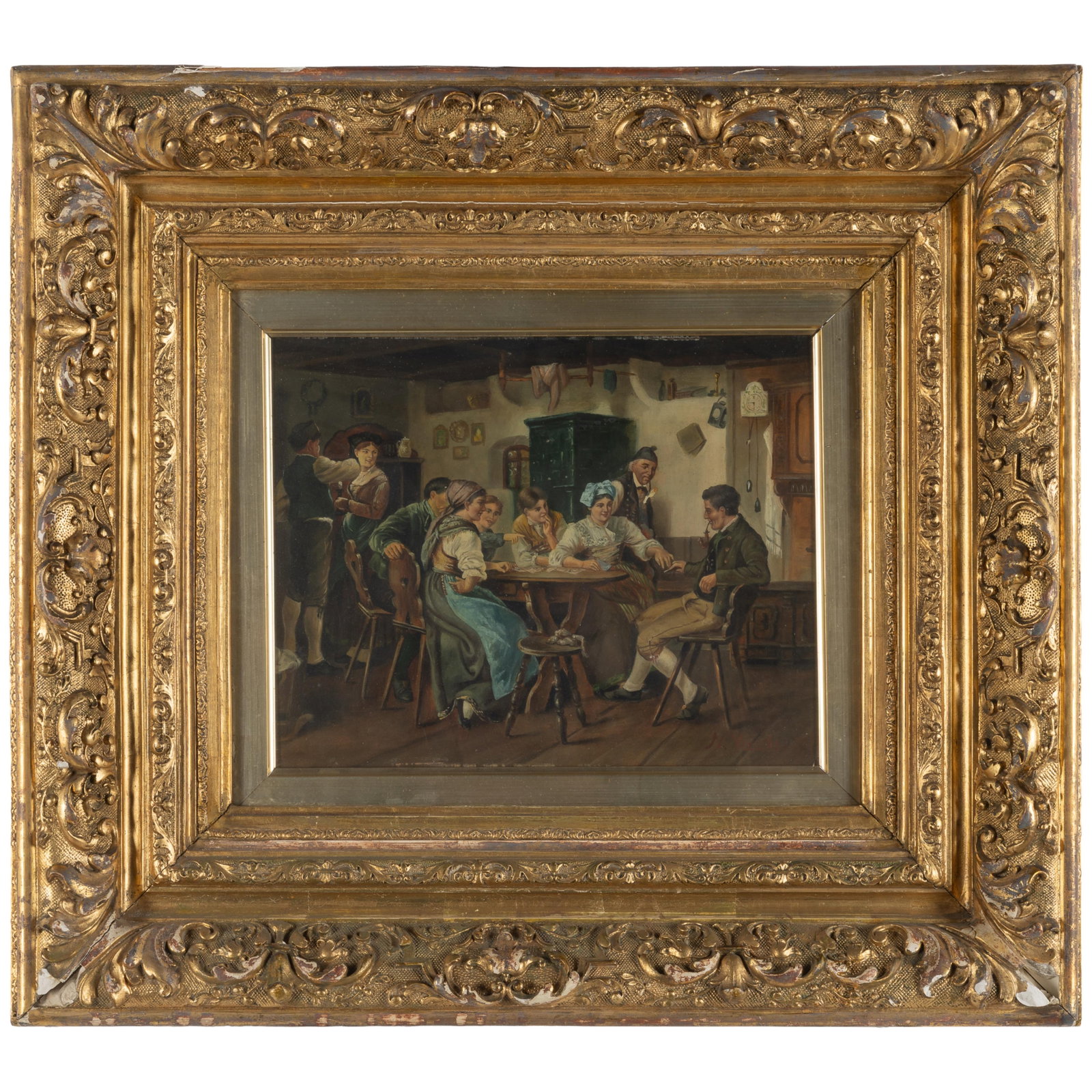 German School (19th Century).: German School (19th Century). The Card Game, circa 1880. Oil on panel, bears signature (lower right), framed. 9 3/4 x 12 1/2in. (25 x 32cm). 22 x 23in. (56 x 58.5cm/frame). Provenance: Butterfield &