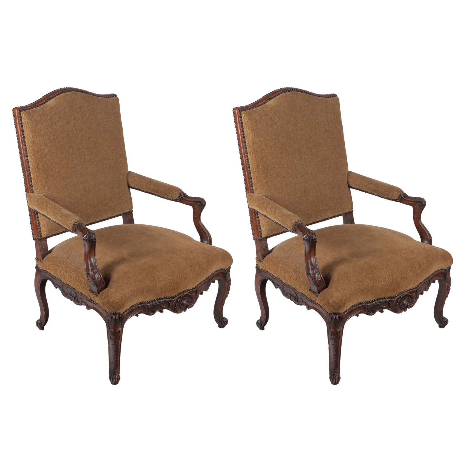 Pair of Louis XV Fauteuils: Pair of Louis XV Fauteuils Each with nail head and leather trimmed raked back over padded arms ending in acanthus and bell flower carved terminals and a capacious seat, the rail carved with scrolling