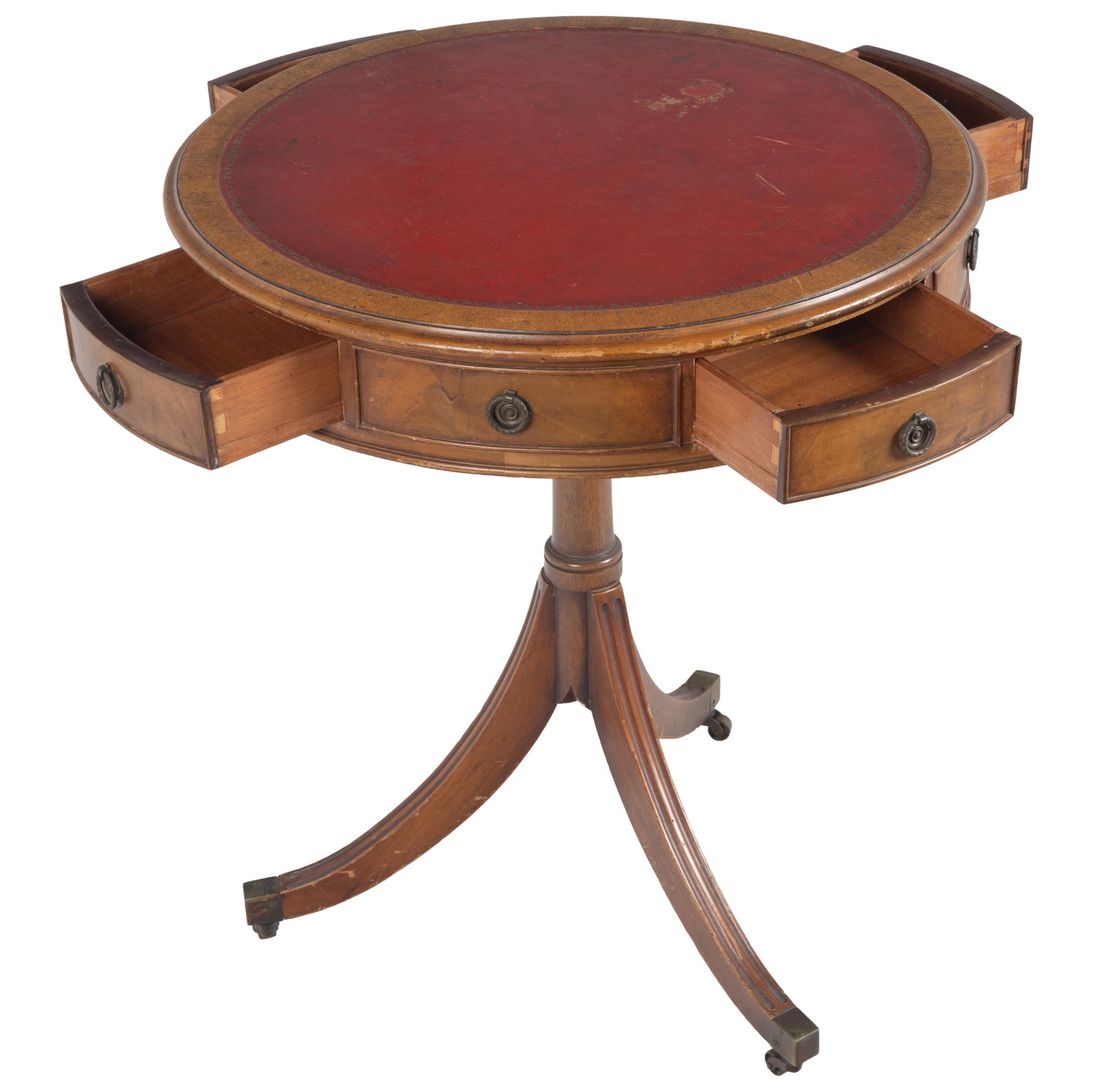 Regency Center Table: Regency Center Table The leather inset circular top over four drawers and four faux drawers above down scrolled legs ending in casters. 28in (71cm) h. 24in (61cm) d