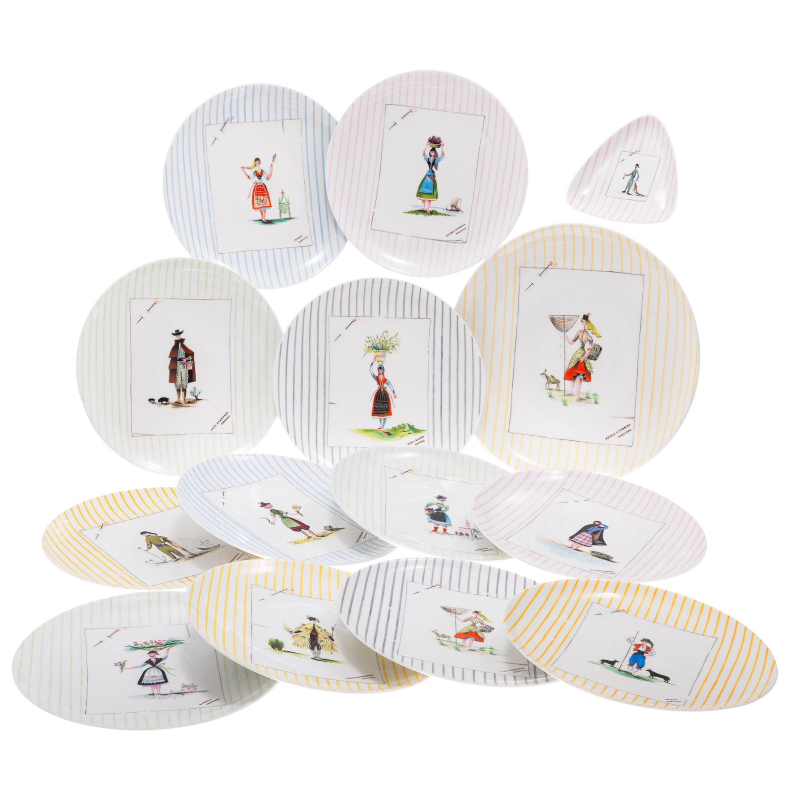 Vista Alegre Portuguese China: Vista Alegre Portuguese China A set of twelve plates decorated with figures in traditional regional costumes and occupations, presented as if pinned to a striped story board. Twelve 8 1/2in plates, on
