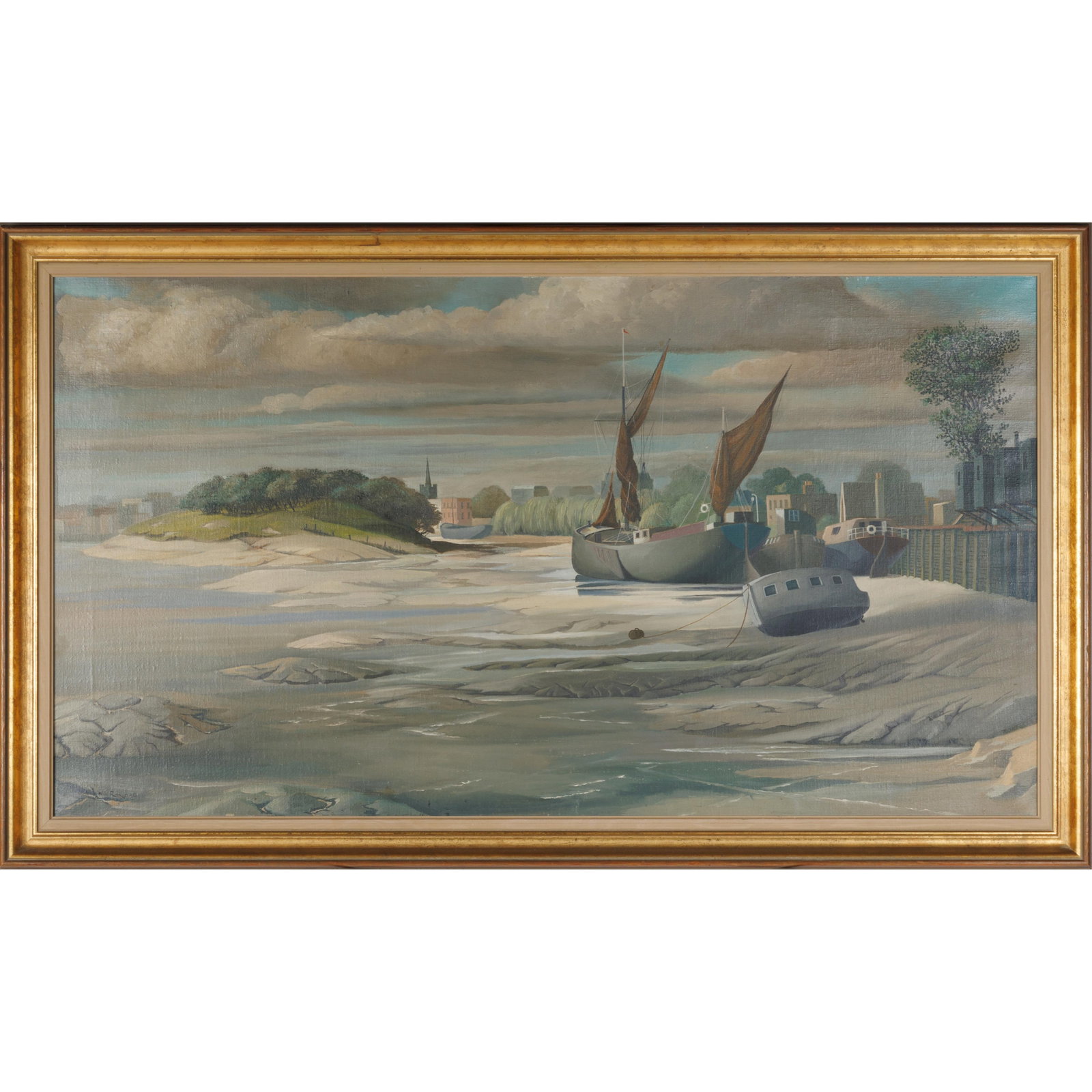 Willi Rondas (British, 1907-1975).: Willi Rondas (British, 1907-1975). The Thames at Low Tide, 1963. Oil on canvas, signed (lower left),signed, titled and dated on verso, framed. 20 x 36in. (51 x 77cm). Willi Rondas had a fascinating