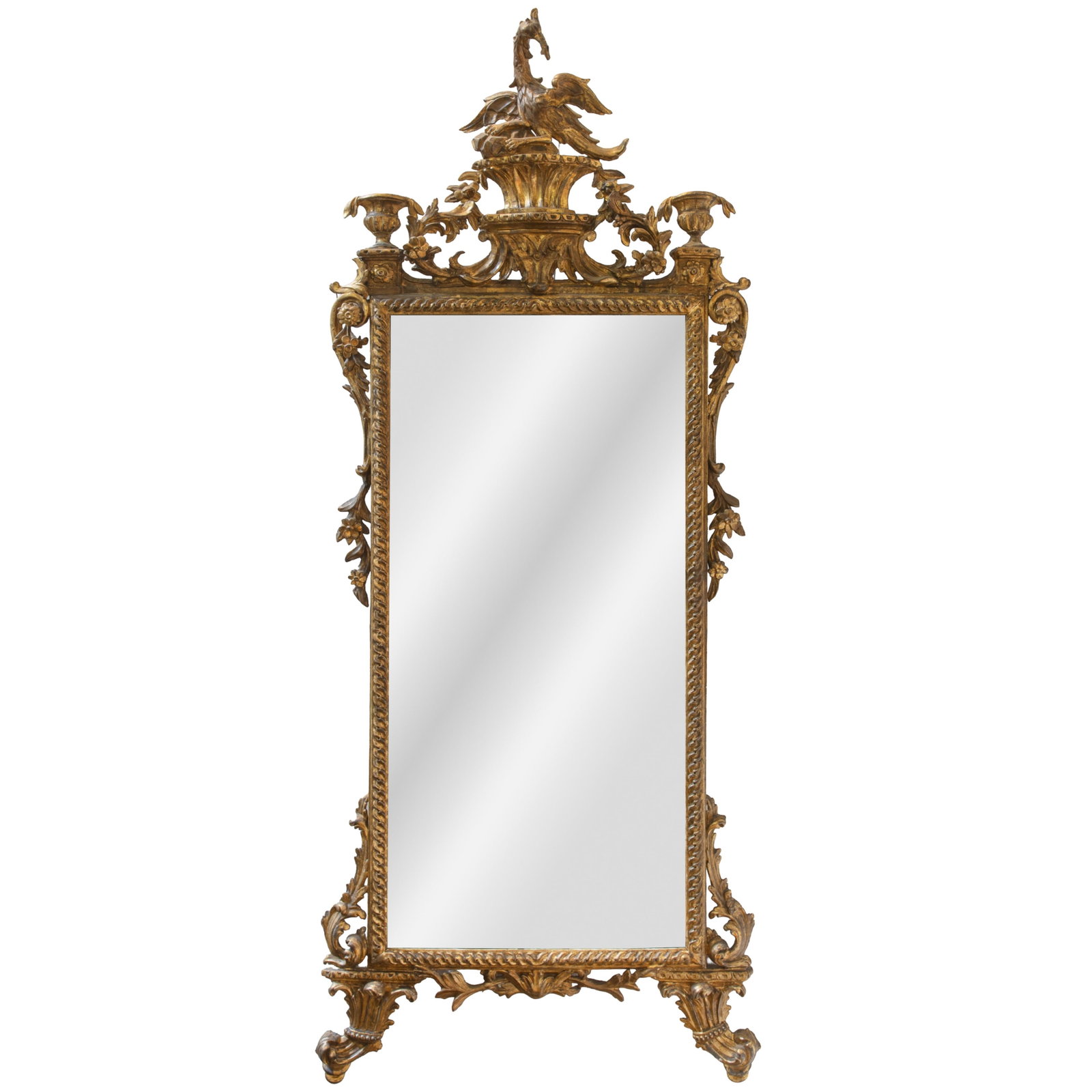Chinese Chippendale Giltwood Mirror: Chinese Chippendale Giltwood Mirror George II period, mid 18th century. The rectangular plate within guilloche banding surmounted by a crest carved as a rising phoenix above descending floral scrolls