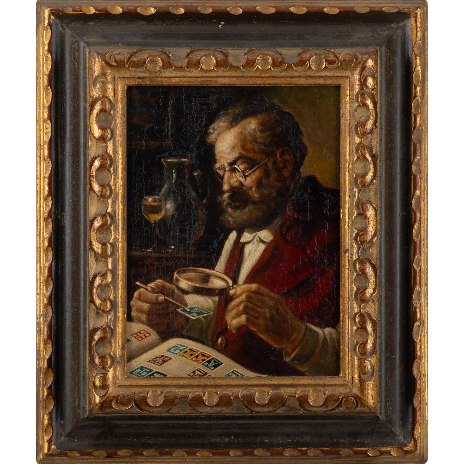 L. Mulzer (German b. 1908): L. Mulzer (German b. 1908) Oil on board Signed mid left side Collector examining his stamp collection 9in x 6 1/2in (23cm. x 16cm) Framed: 15in. x 12in (38cm. x 31cm)