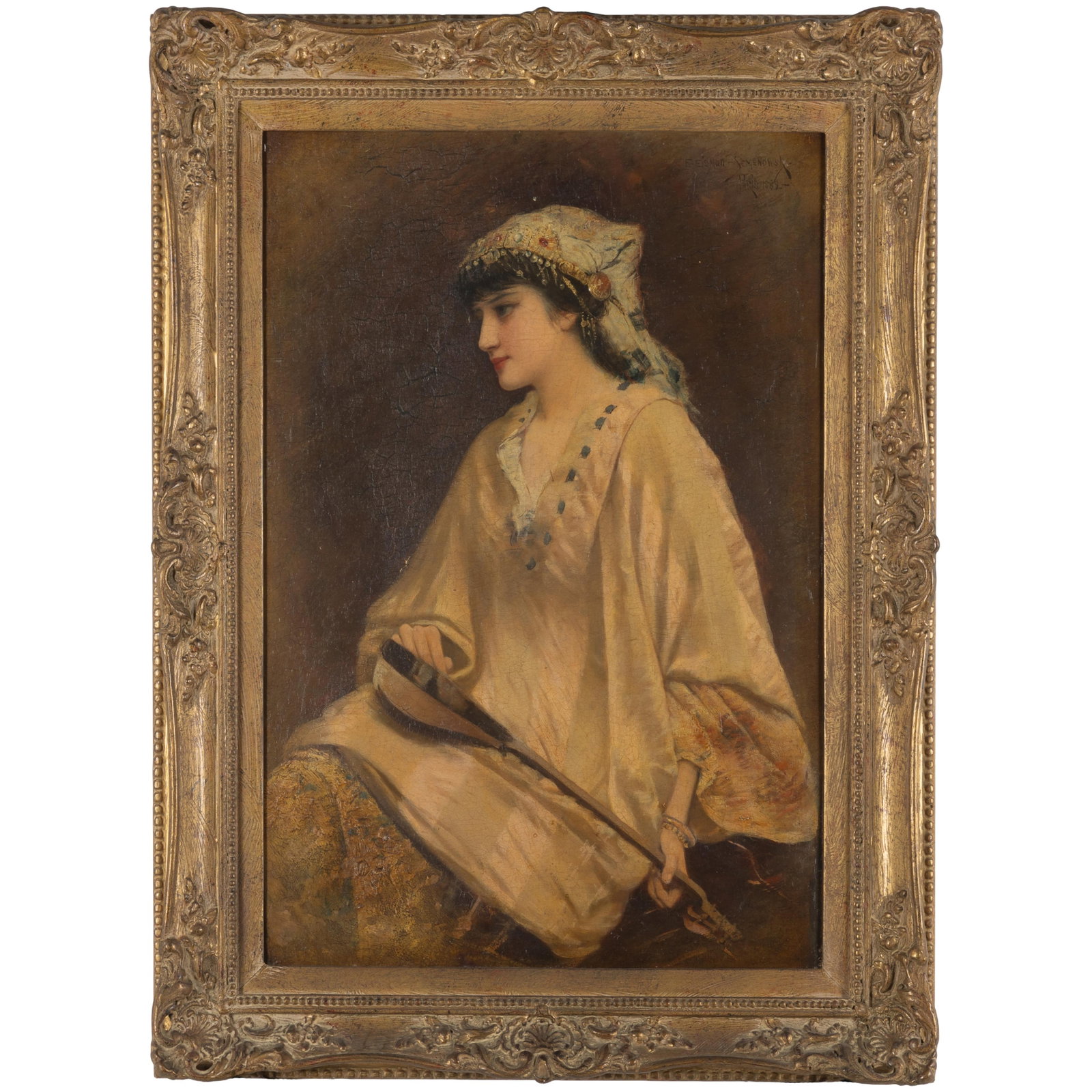 Emile Eisman-Semenowsky (Russian/Polish, 1857-1911).: Emile Eisman-Semenowsky (Russian/Polish, 1857-1911). Young Woman with a Lute, Paris 1882. Oil on panel, signed and dated 'E. Eisman-Semenowsky/Paris 1882' (upper right), framed. 23 1/2 x 16in. (59.7