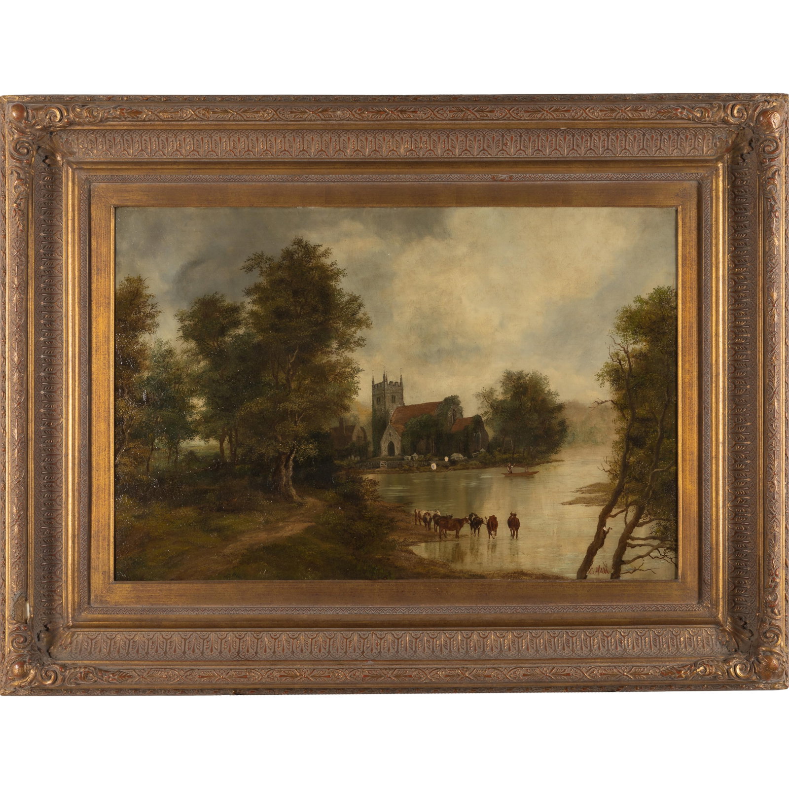 George Lothian Hall (British, 1824-1888).: George Lothian Hall (British, 1824-1888). Crammond Kirk near Edinburgh. Oil on canvas, signed 'G. Hall' (lower right), framed. 20 x 30in. (51 x 76cm). 32 x 41in. (81.3 x 104cm/frame). Provenance: