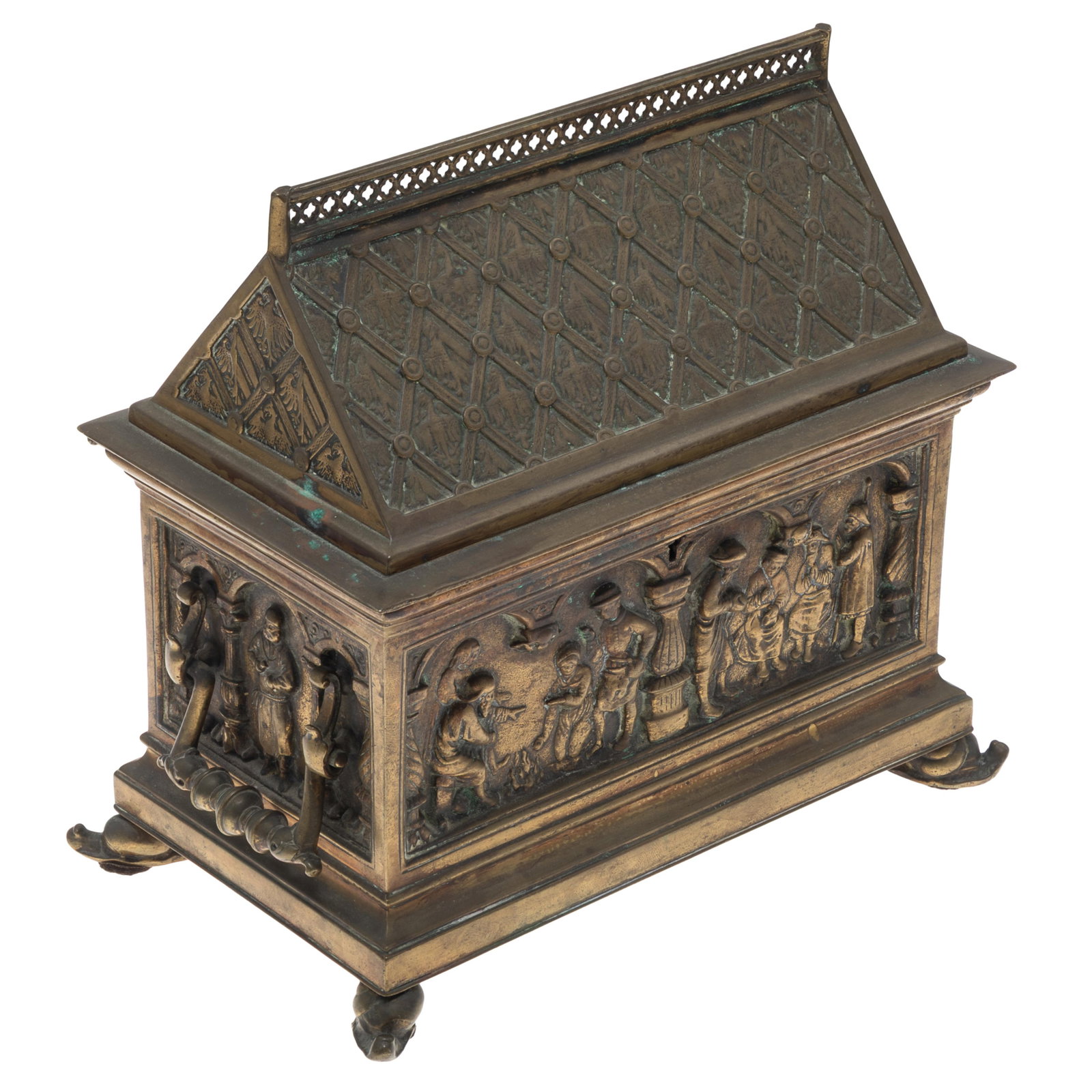 Gothic Revival Gilt Casket: Gothic Revival Gilt Casket In the form of a Medieval cottage with figures pursuing domestic duties. 10in *25cm) h. 9in (23cm) w. 6in (15cm) d