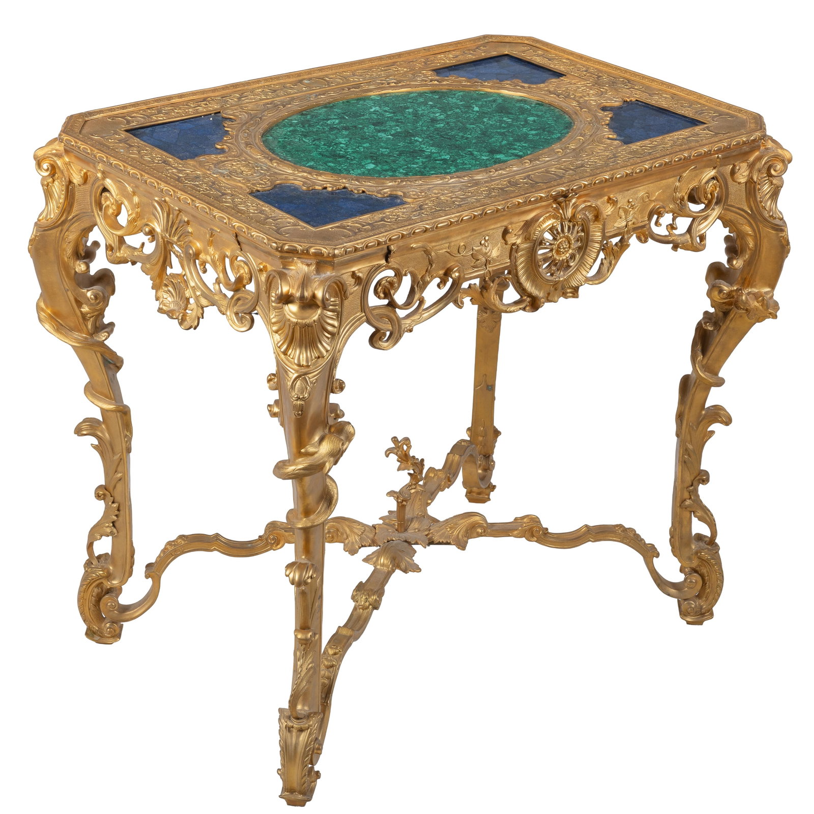 Italian Baroque Style Gilt and Specimen Stone Table: Italian Baroque Style Gilt and Specimen Stone Table The top of a central oval malachite bordered by panels of lapis at each corner, all bordered by gilt scrolling floral banding over a frieze pierce