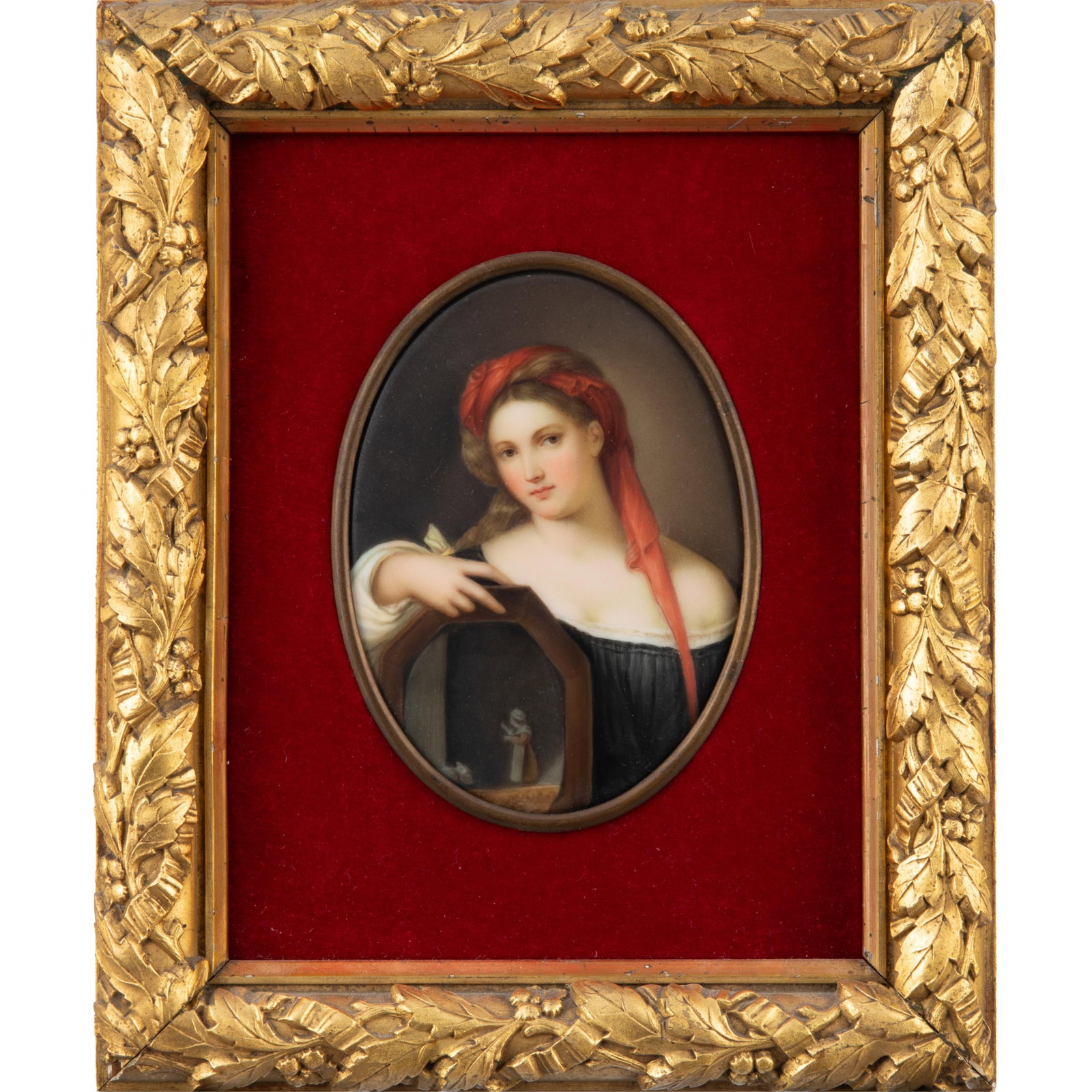 Framed Porcelain Portrait: Framed Porcelain Portrait The oval portrait of a young woman wearing a red scarf, holding a memento portrait; Plaque 5in.x 4in. (12cm. x 10cm) Framed: 10in. x 8in (26cm. x 20cm)