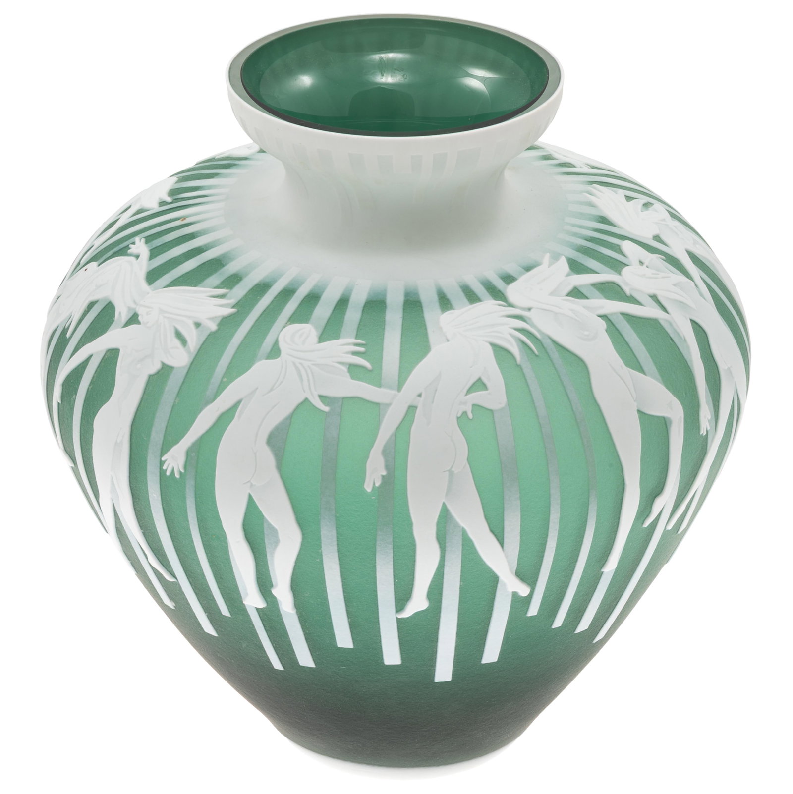 Kelsey Murphy (American 21st Century) (attributed): Kelsey Murphy (American 21st Century) (attributed) Cameo glass vase decorated with nude figures dancing among reeds. 9 1/2in (24cm) h. 9in (23cm) d. Unsigned.
