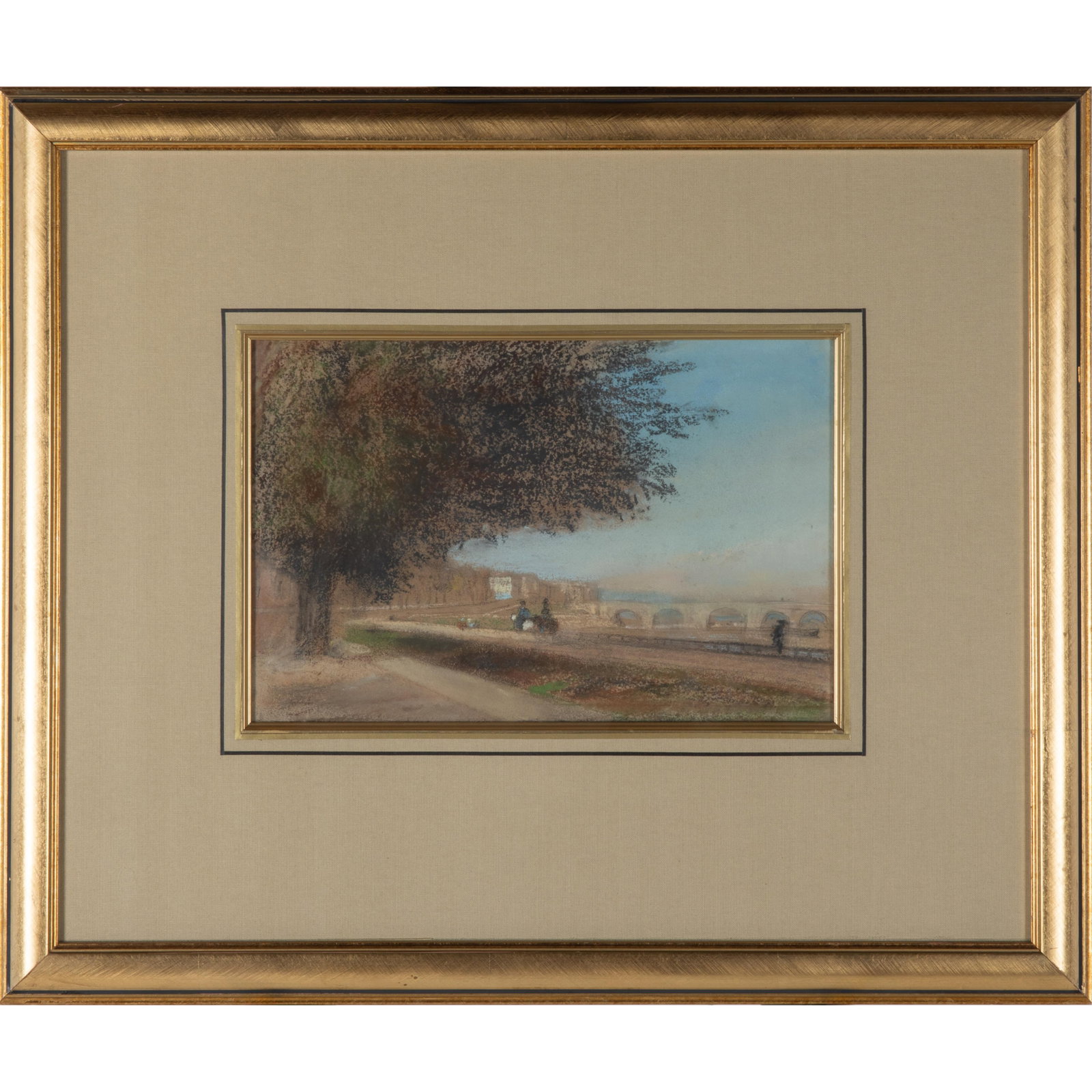 Attributed to Constant Troyon (French, 1810-1865).: Attributed to Constant Troyon (French, 1810-1865). View of the Viaduct. Pastel on board, label on frame verso 'Troyon', framed. 8 1/4 x 12 1/2in. (21 x 31.7cm). 19 1/2 x 23in. (49.5 x 58.5cm/frame).