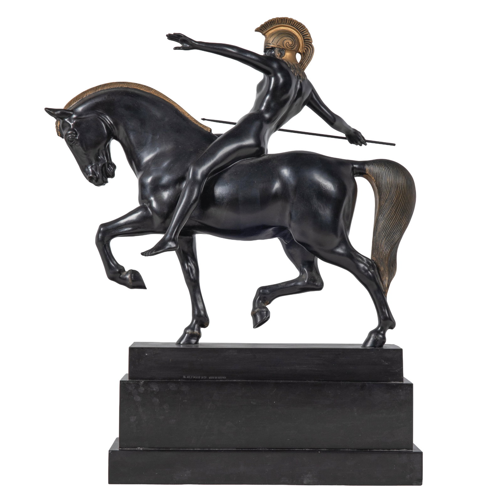 Karl Perl (Austrian 1876-1975), Bronze: Karl Perl (Austrian 1876-1975) Bronze Amazone zu Pferd. A figure on an Amazon on horseback. Signed on plinth base 22in (56cm) h. 17in (44cm) l. 6in (15cm) w.