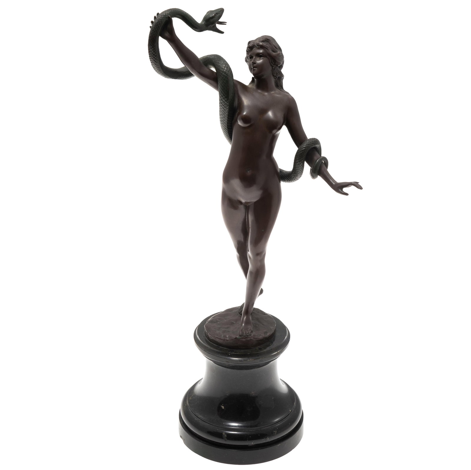 Paul Kowalczewski (German, 1865-1910)., Bronze: Paul Kowalczewski (German, 1865-1910). Bronze 'Snake Charmer' Presented as a nude woman who may be charming a snake entwinned around both arms Signed on base. Supported on a marble plinth. 15in (38cm)