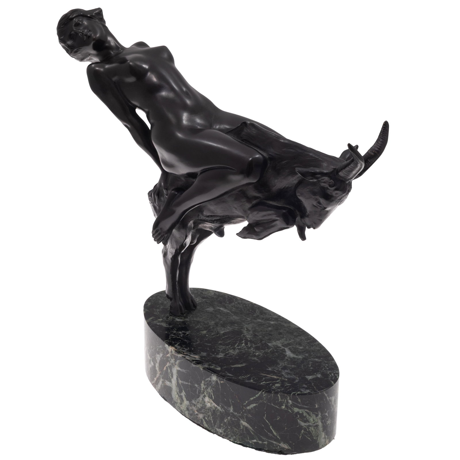 Johann Elischer (Austrian, 1891-1935)., Bronze: Johann Elischer (Austrian, 1891-1935). Bronze Sculpture depicting a nude woman in a risqué pose upon a goat. Signed. Beneath goat 12 1/2in (32cm) h. 8in (20cm) l.
