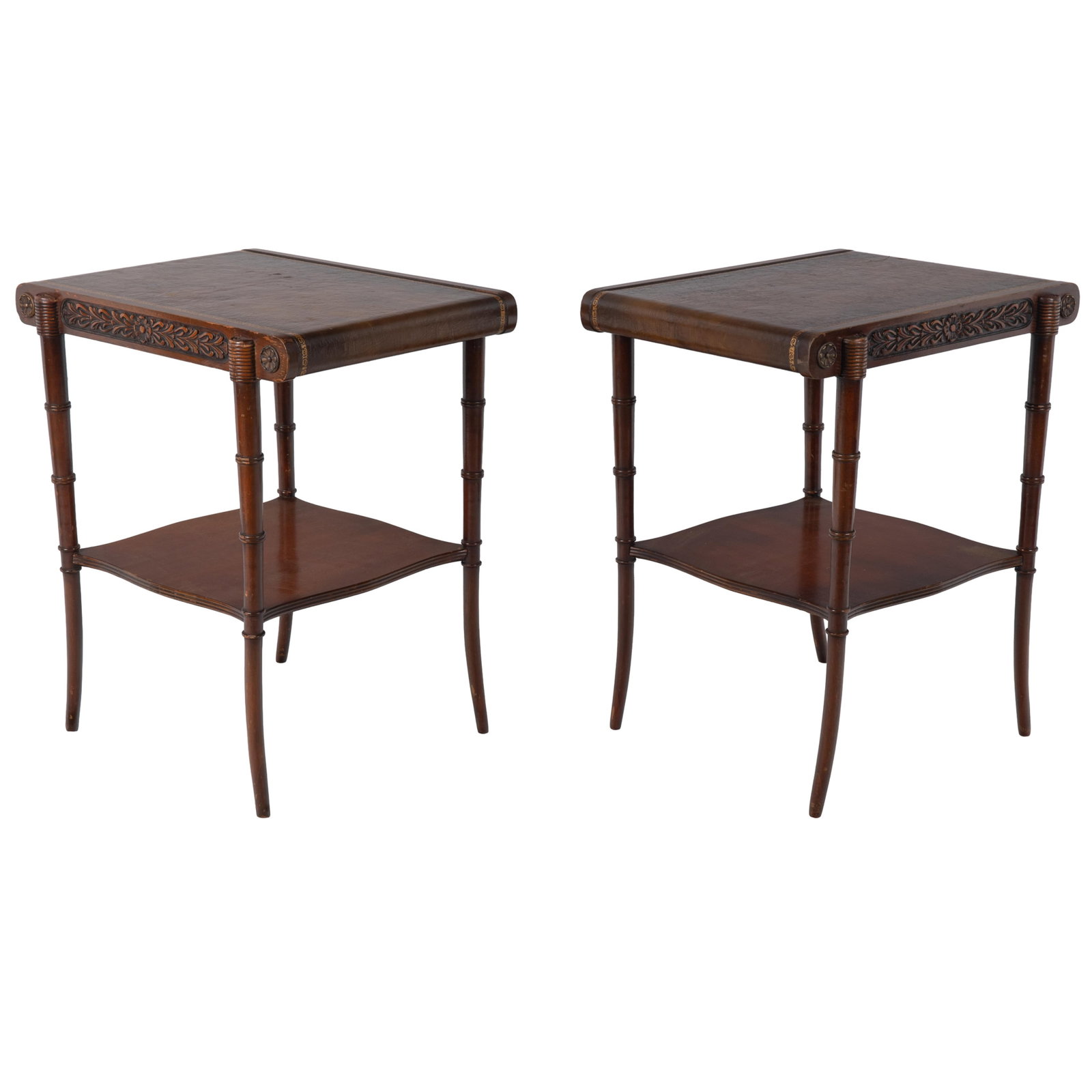 Pair of Regency Style Tables: Pair of Regency Style Tables Each with a gilt banded leather top raised on ringed tapering legs. 29in (74cm) h. 24in (61cm) wl. 18in (46cm) d