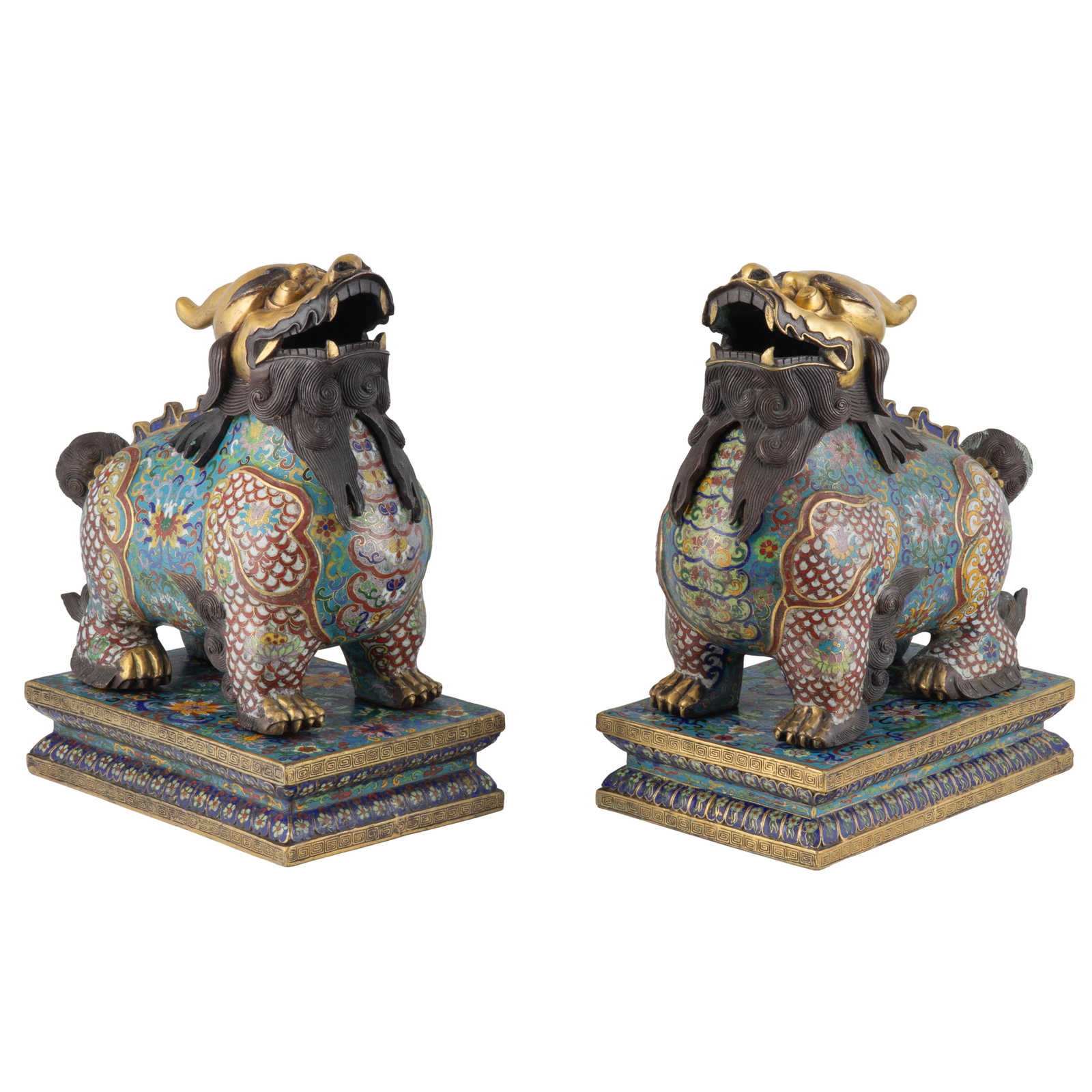 Pair of Chinese Cloisonne Enamel and Gilt Bronze Qilin Beast Censers.: Pair of Chinese Cloisonne Enamel and Gilt Bronze Qilin Beast Censers. Late Qing Dynasty to early 20th Century. Each finely cast as a mythical qilin, powerfully modeled standing foursquare on a rectang