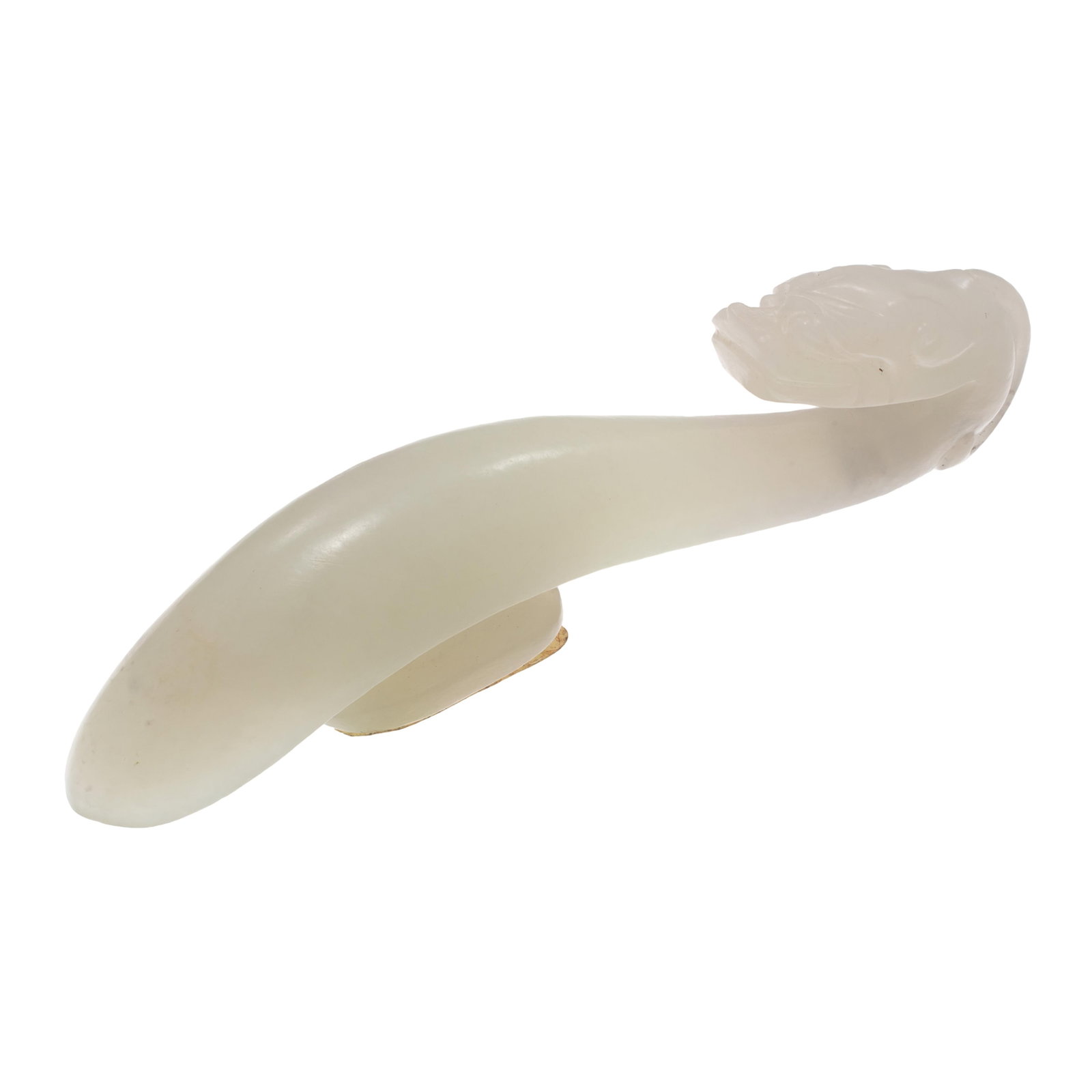 Chinese White Jade,Qilong, Belt Hook: Chinese White Jade 'Qilong' Belt Hook White jade featuring a carved head to a smooth body, measuring approximately 3.25 x 0.60 inches (8.25 x 1.52 cm). Gross weight: 27.0 grams.