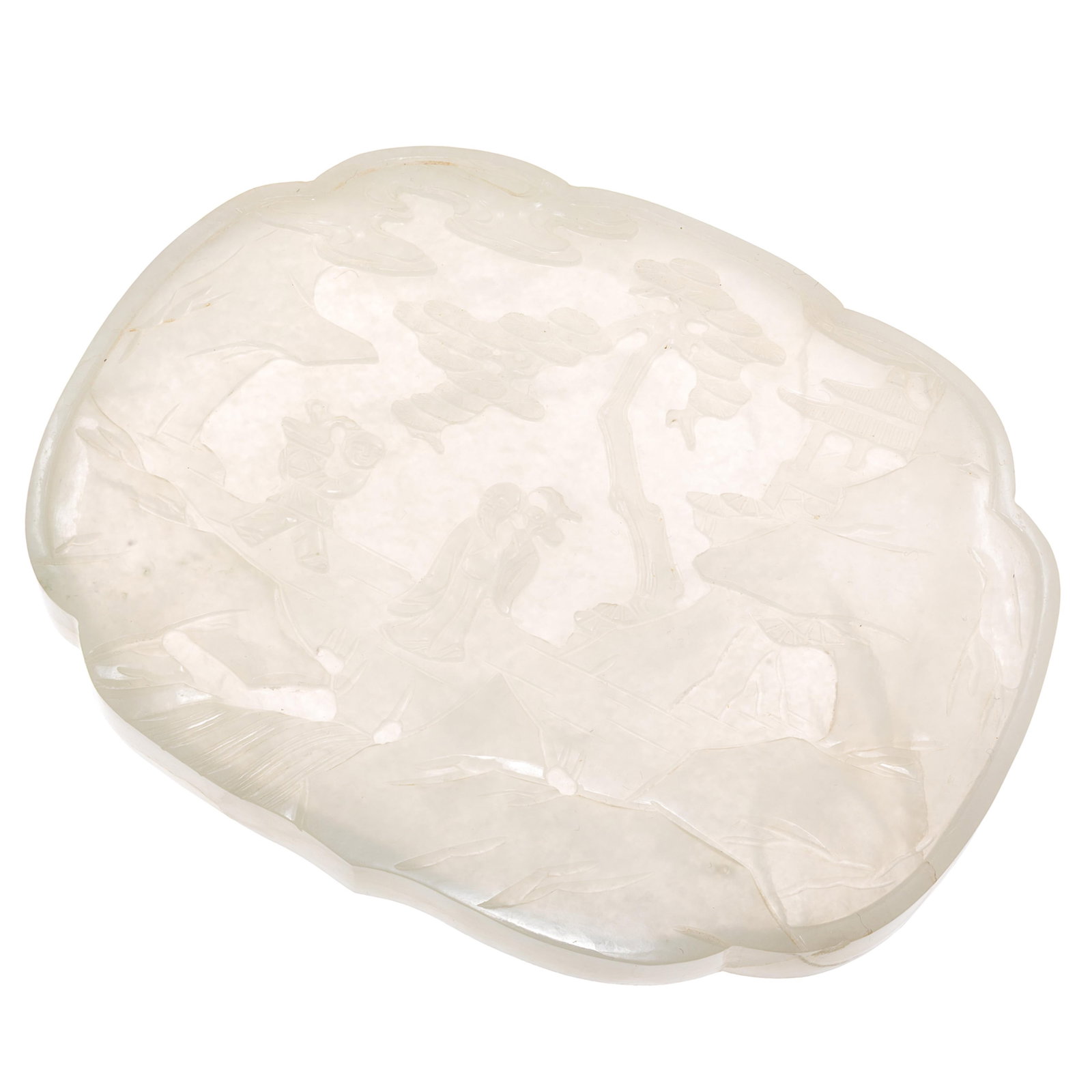 White Jade Ruyi Head Plaque, Late Qing Dynasty: White Jade Ruyi Head Plaque Late Qing Dynasty Of large flattened form, the plaque is of lobed rectangular outline with rounded corners. Carved in shallow relief with a scholar and attendant crossing b
