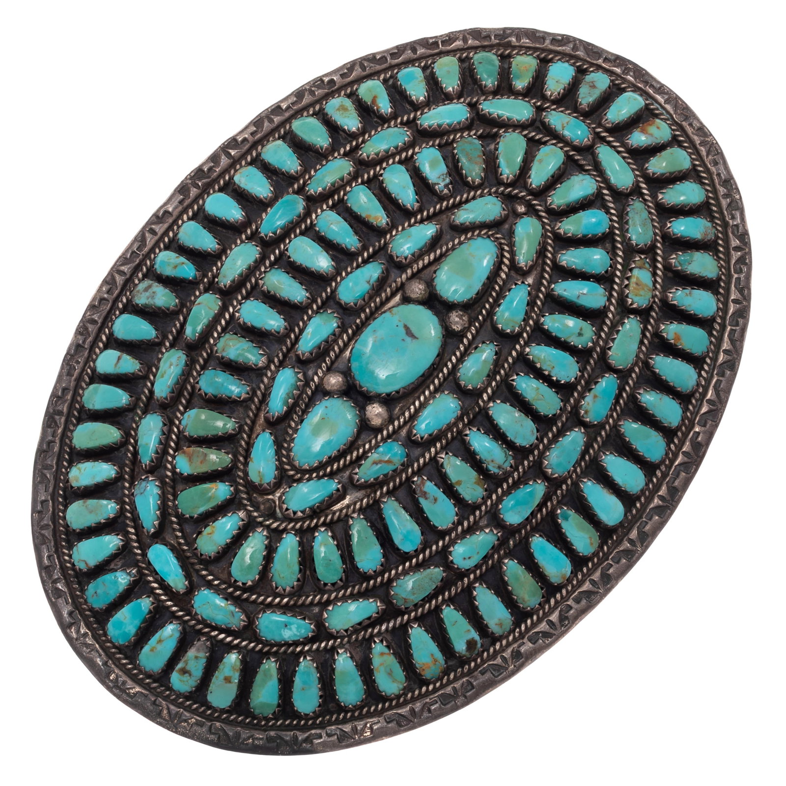Navajo Turquoise, Sterling Silver Belt Buckle, Larry Moses Begay: Navajo Turquoise, Sterling Silver Belt Buckle, Larry Moses Begay Featuring numerous oval and pear-shape turquoise cabochons accented by applied rope and stamp work, set in an oval sterling silver belt