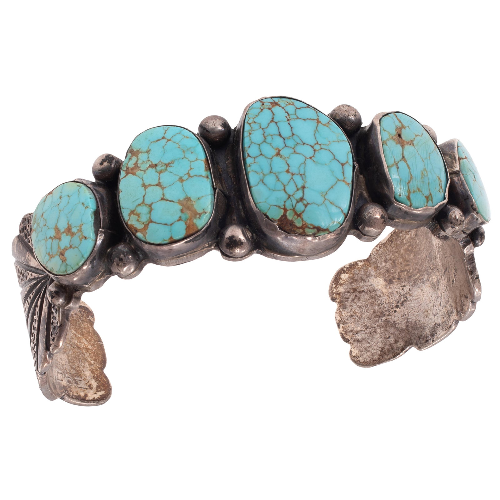 Navajo Old Pawn Turquoise, Sterling Silver Cuff Bracelet: Navajo Old Pawn Turquoise, Sterling Silver Cuff Bracelet Featuring five turquoise plaques set in a sterling silver cuff bracelet measuring approximately 0.90 inches (2.28 cm) in width, inner circumfer