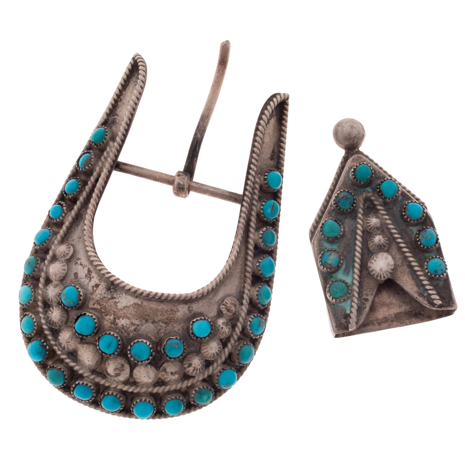 Turquoise, Sterling Silver Buckle and Belt Tip: Turquoise, Sterling Silver Buckle and Belt Tip Including a buckle featuring round turquoise cabochons embellished by applied ropework and stars, set in a sterling silver mounting measuring approximate