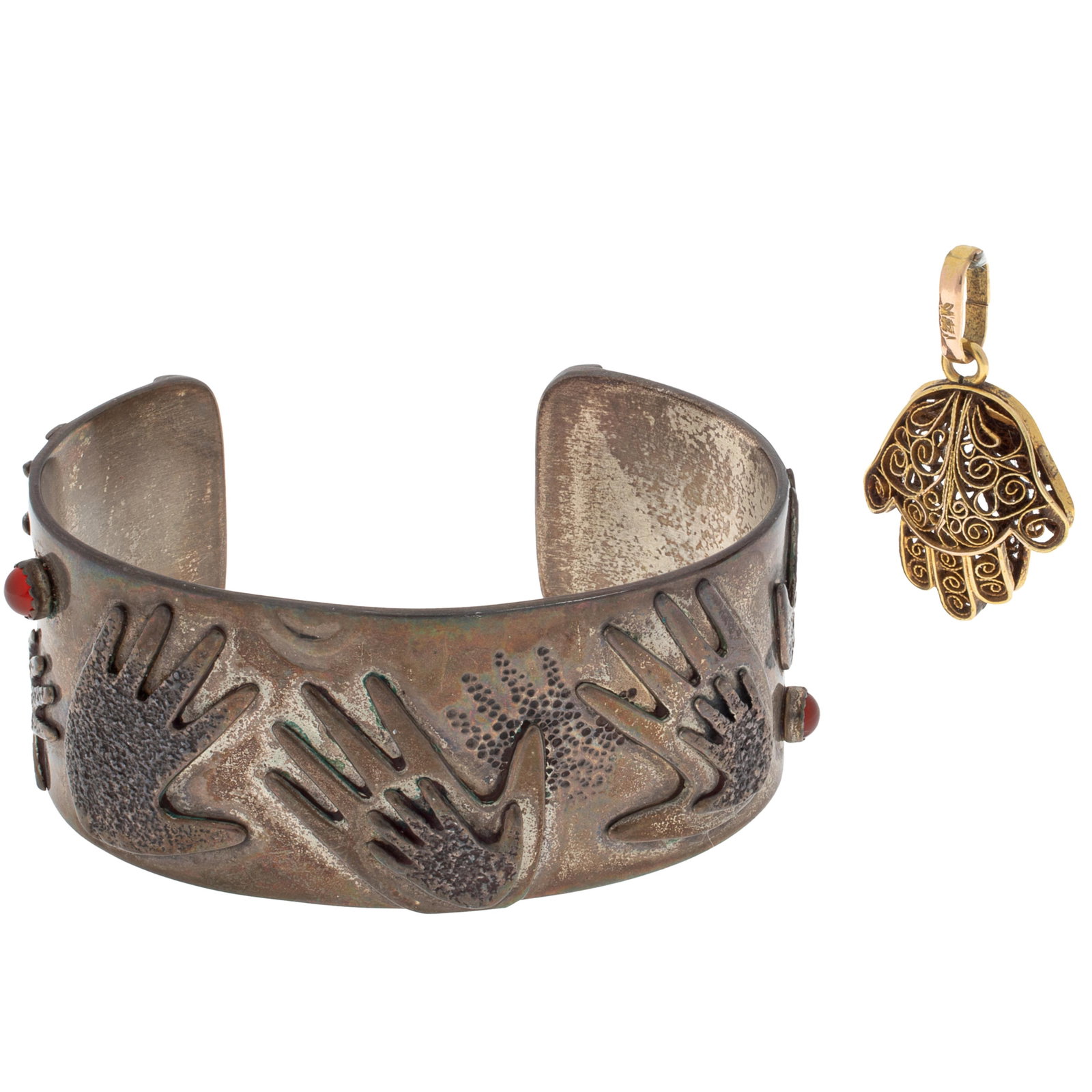 14k Hamsa Pendant with Sterling 'Hands' Cuff: 14k Hamsa Pendant with Sterling 'Hands' Cuff Including a 14k yellow gold filigree hamsa pendant measuring approximately 1.12 x 0.65 inches (28.4 x 16.5 mm); together with a hand-themed, round carnelia