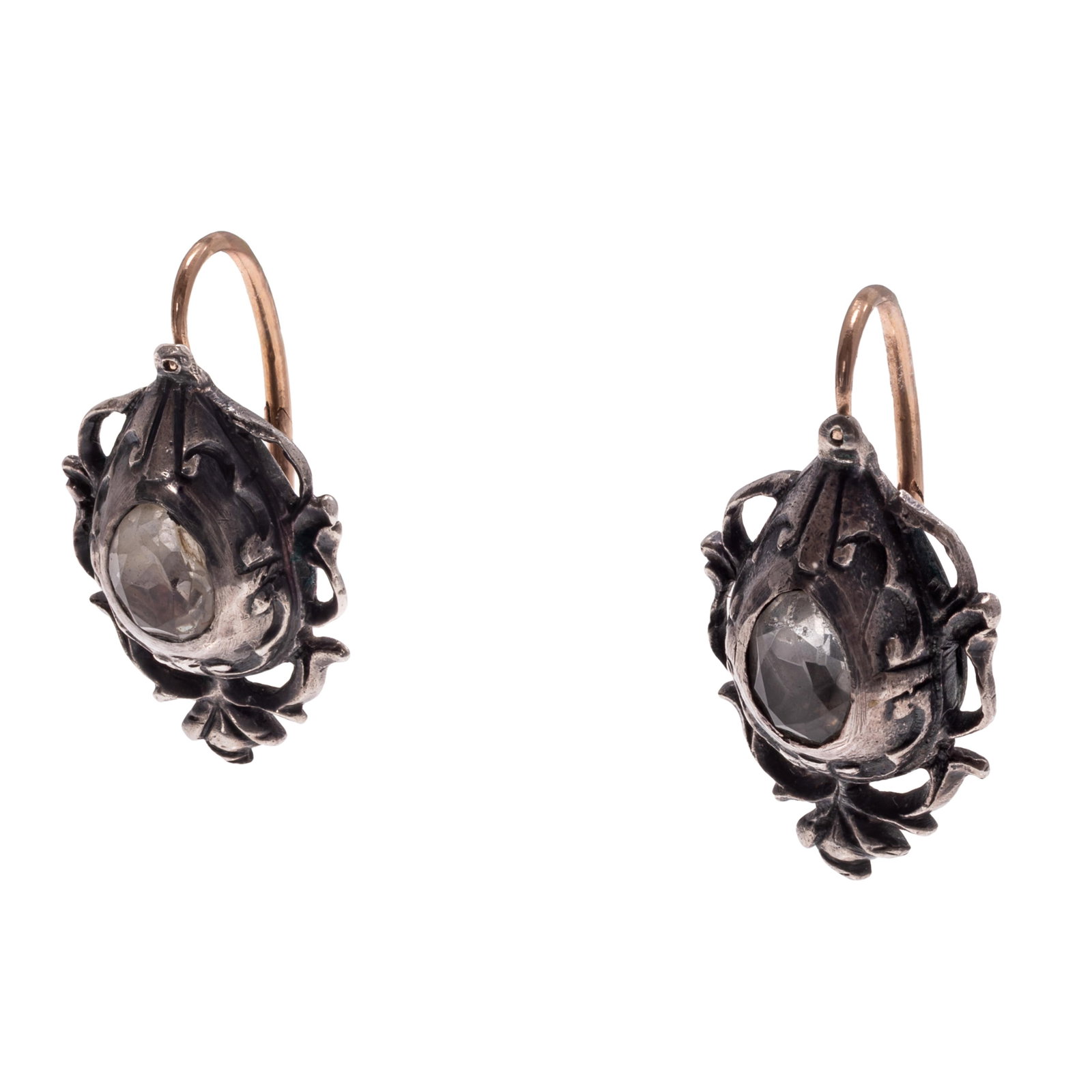 Pair of French Glass, 18k, Silver Earrings: Pair of French Glass, 18k, Silver Earrings Featuring pear-shape faceted glass set in a scrolling, silver earring mounting joined to an 18k rose gold lever back, each measuring approximately 1.00 x 0.5