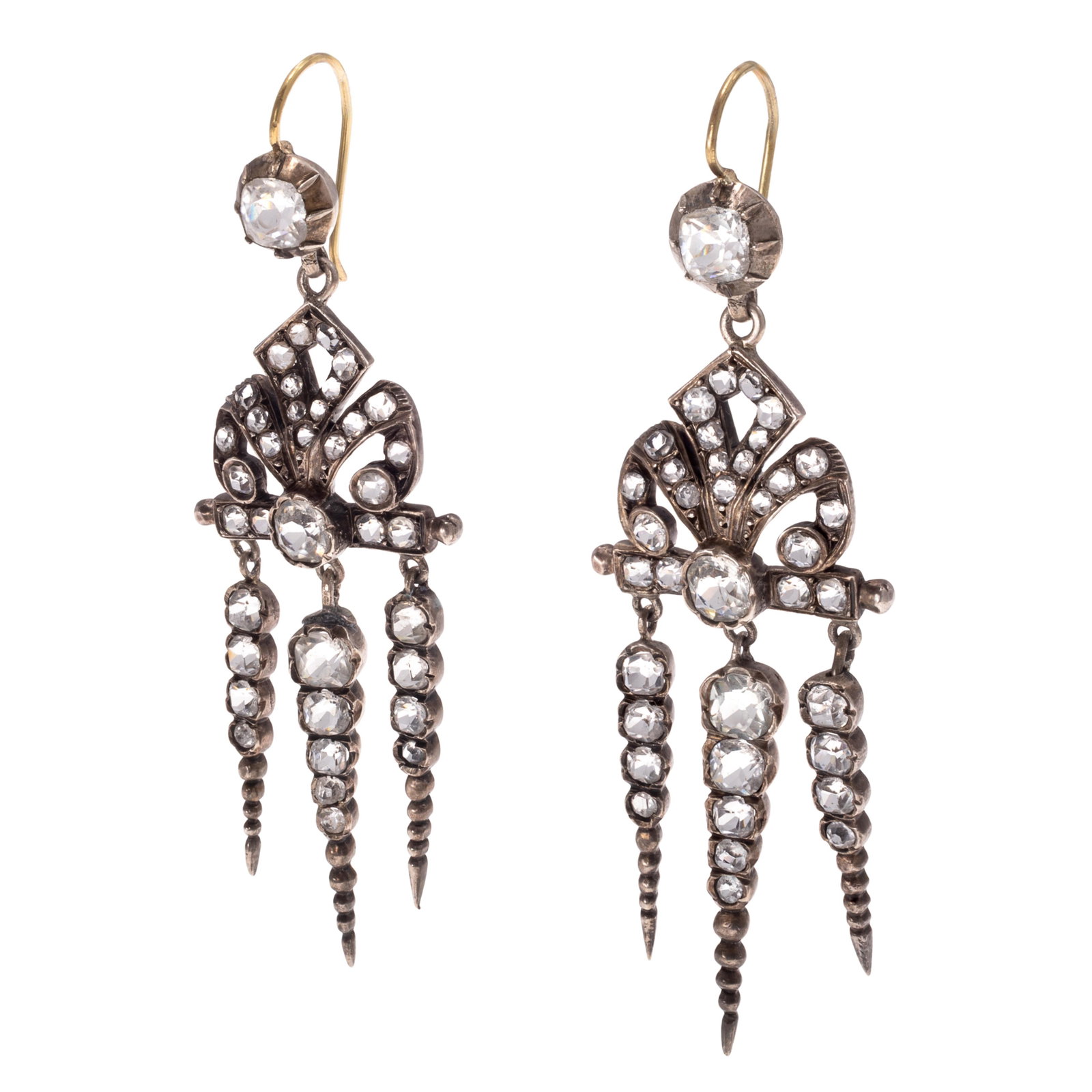 Pair of Art Deco Glass, 14k, Silver Earrings: Pair of Art Deco Glass, 14k, Silver Earrings Featuring cushion and round-cut glass set in an articulated, silver earing mounting joined to a 14k yellow gold wire, each measuring approximately 2.50 x 0