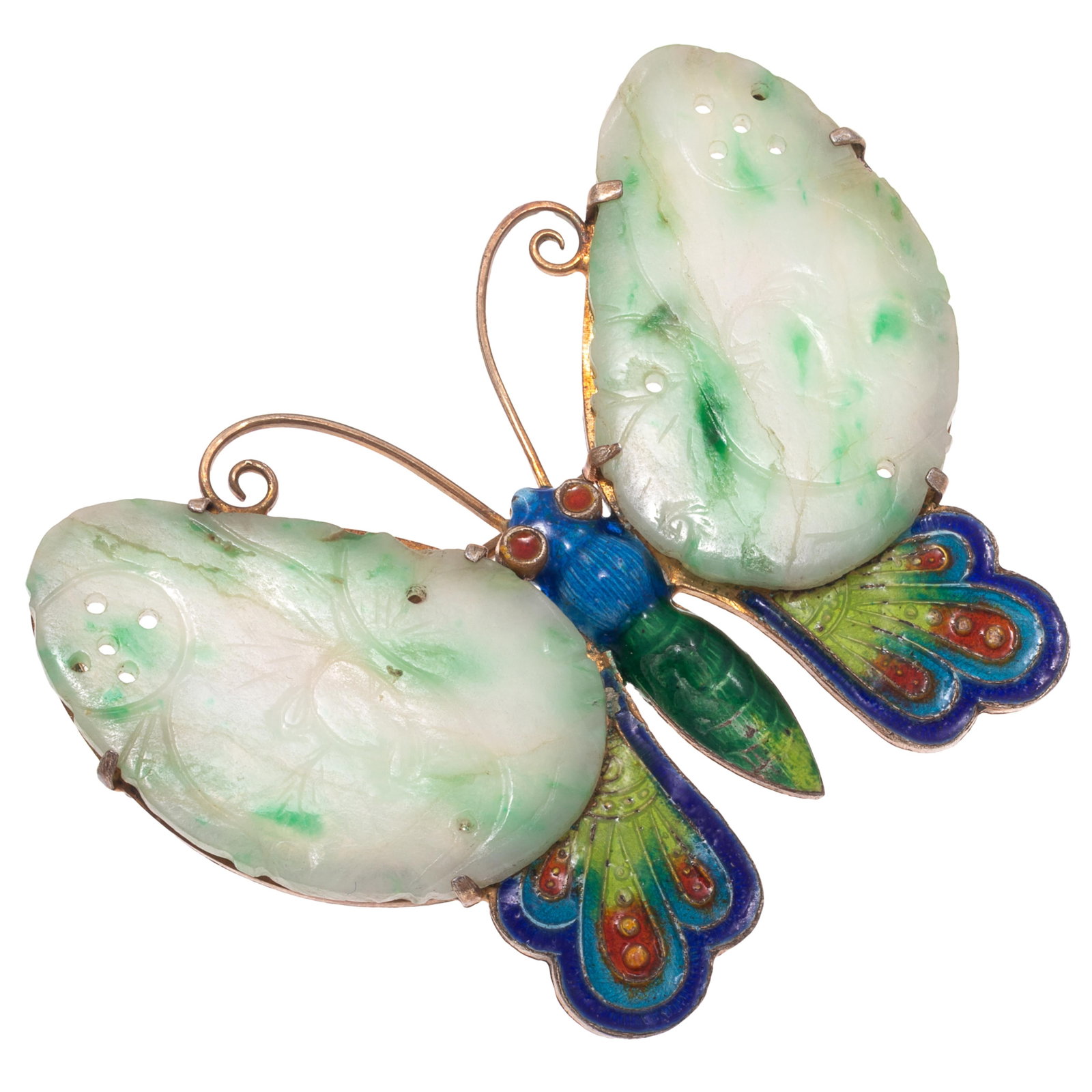 Chinese Jade, Enamel, Silver Gilt Butterfly Pin: Chinese Jade, Enamel, Silver Gilt Butterfly Pin Designed as a butterfly, the outstretched wings carved and pierced jade plaques, the body and lower wings accented by polychrome enamel, set in a silver