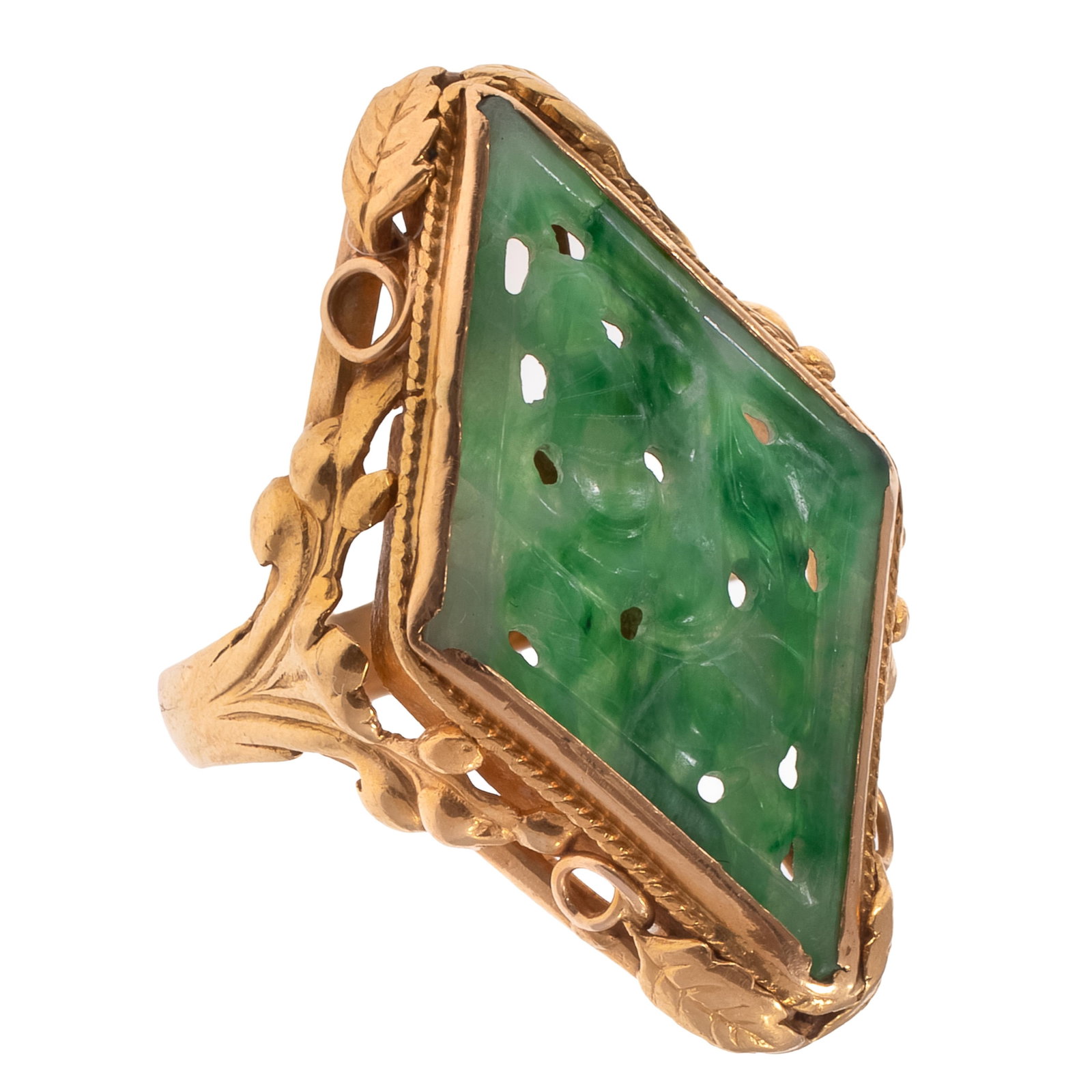 Jade, 22k Yellow Gold Ring: Jade, 22k Yellow Gold Ring Centering a carved and pierced jade plaque, set in a foliate motif, 22k yellow gold ring mounting, size 5 1/2. Gross weight: 5.4 grams.