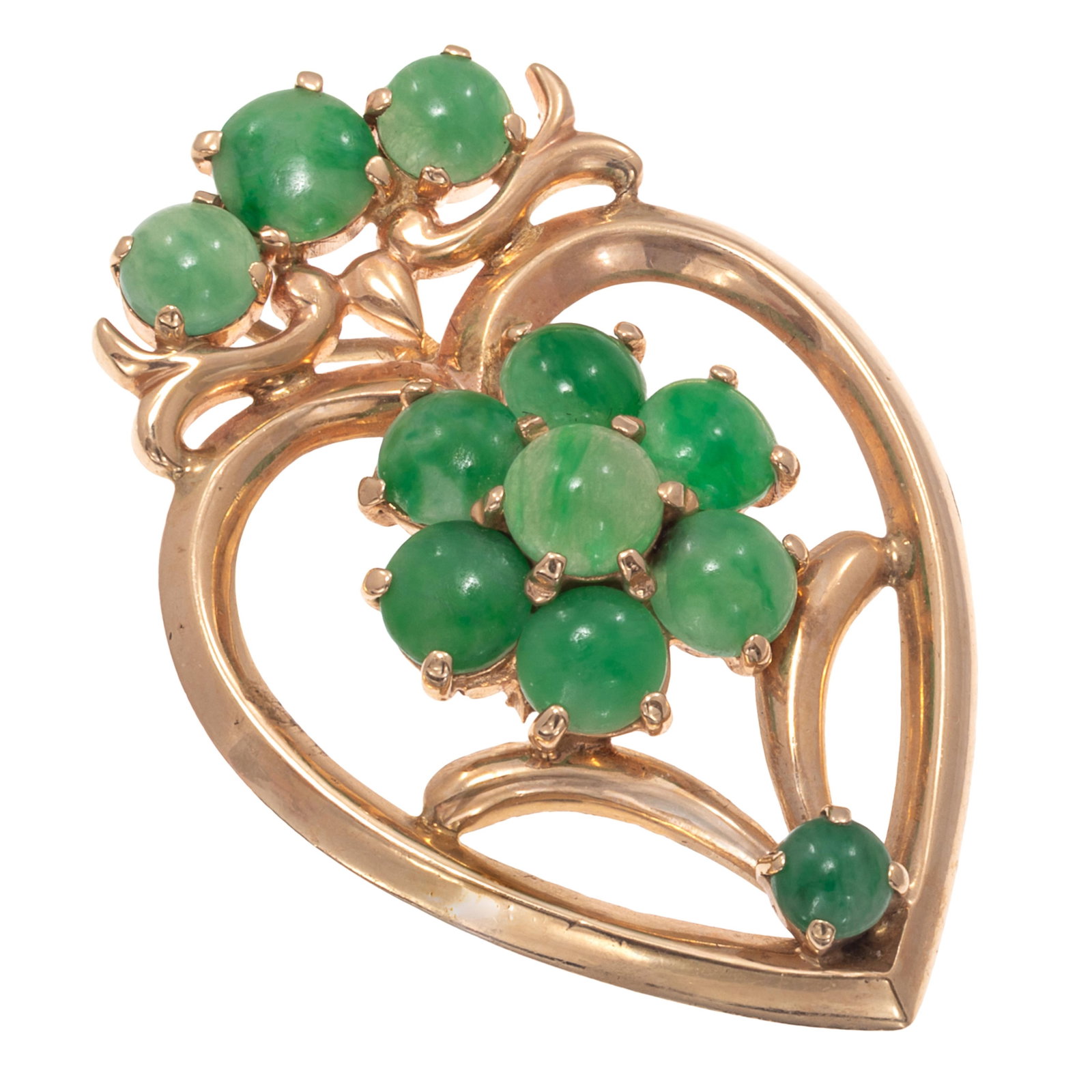 Jadeite Jade, 14k Yellow Gold Pendant: Jadeite Jade, 14k Yellow Gold Pendant Designed as a heart, featuring eleven round jadeite jade cabochons, set in a 14k yellow gold pendant mounting measuring approximately 1.65 x 1.15 inches. Gross we