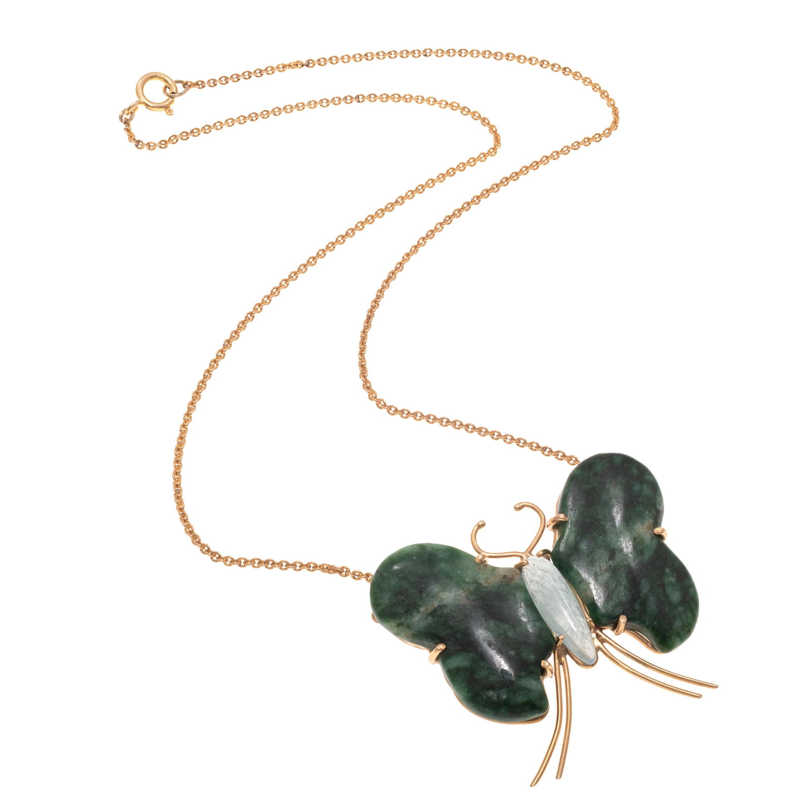 Jadeite Jade, Aquamarine, 14k Yellow Gold Butterfly Necklace: Jadeite Jade, Aquamarine, 14k Yellow Gold Butterfly Necklace Designed as a butterfly, the body one elongated oval aquamarine cabochon, the wings jadeite jade, each measuring approximately 36.18 x 24.2