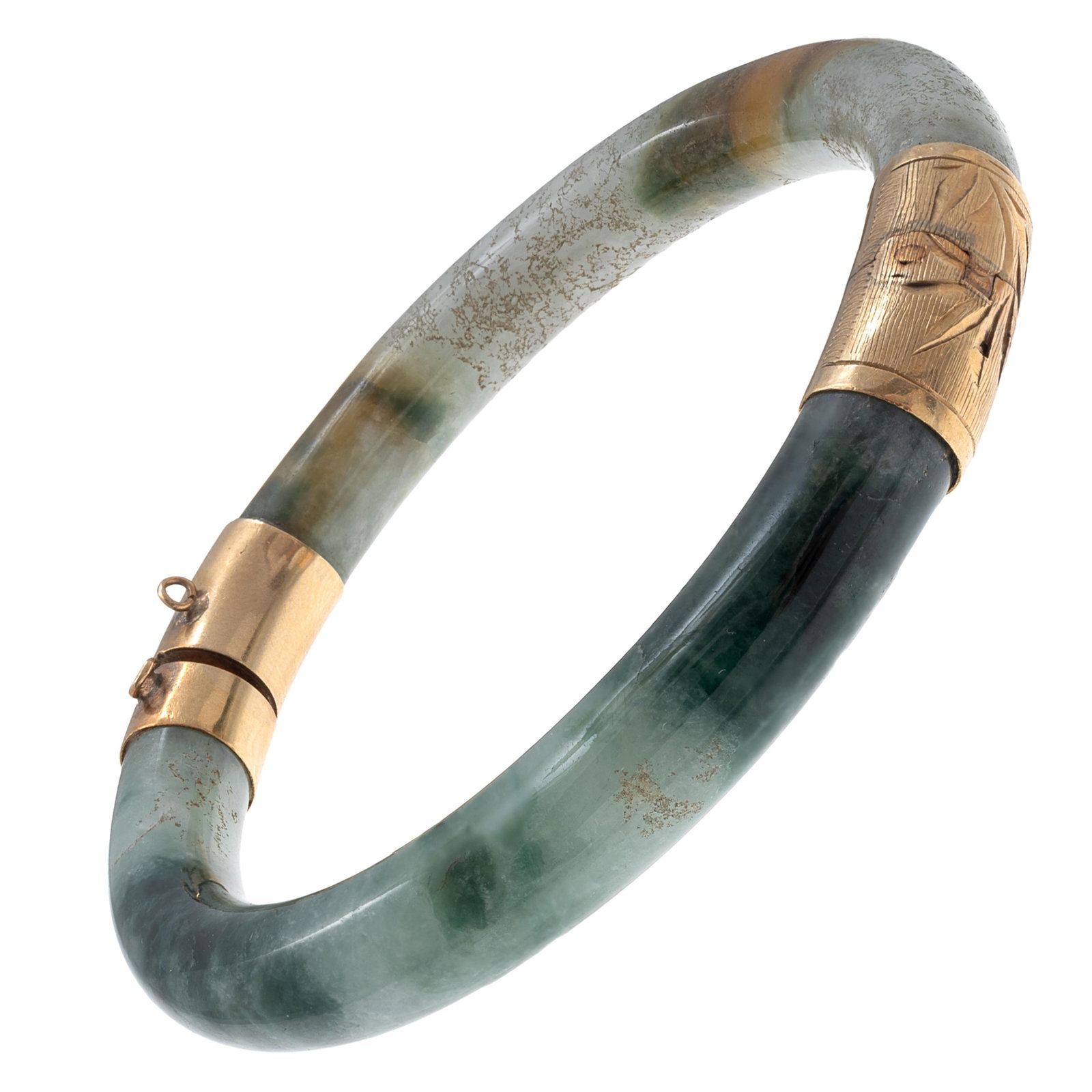 Jade, 14k Yellow Gold Bracelet: Jade, 14k Yellow Gold Bracelet Featuring two arched jade segments, each measuring approximately 8.3 mm in width, completed by an engraved 14k yellow gold hinge and tongue-and-groove clasp, forming a b