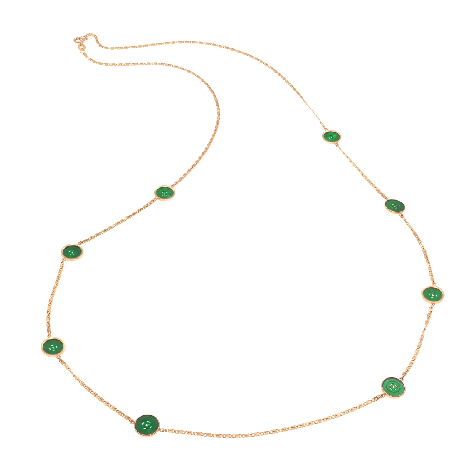 Jadeite Jade, 14k Yellow Gold Necklace: Jadeite Jade, 14k Yellow Gold Necklace Featuring eight carved and pierced jadeite jade discs, each measuring approximately 7.6 mm, set in 14k yellow gold bezels joined to 14k yellow gold snail link ch
