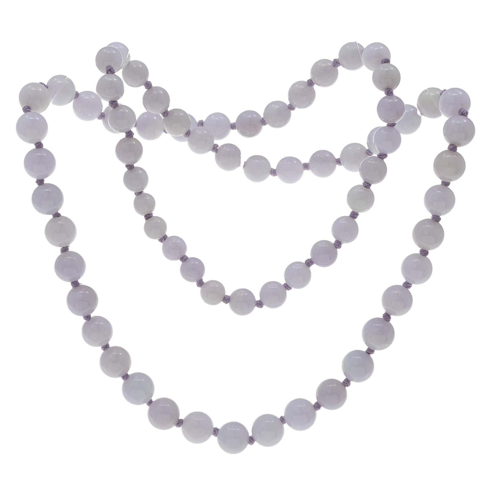 Lavender Jade Necklace: Lavender Jade Necklace Composed of seventy round lavender jade beads graduating from approximately 8.9 to 6.8 mm, forming a continuous 25 inch necklace. Gross weight: 63.5 grams.