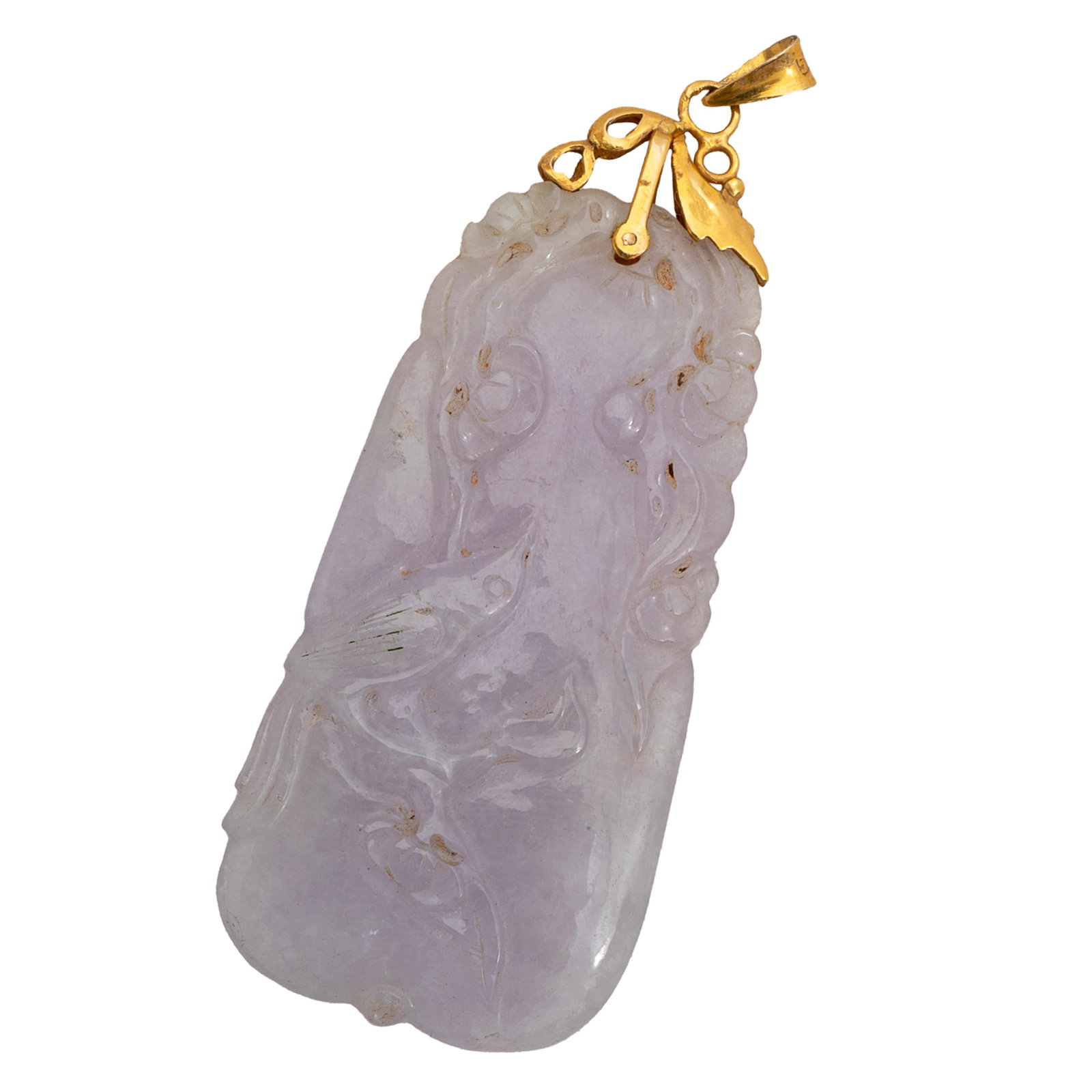 Lavender Jade, 14k Yellow Gold Pendant: Lavender Jade, 14k Yellow Gold Pendant Featuring a lavender jade plaque measuring approximately 53.0 x 26.0 mm, carved to depict birds, gourds and flowers, set in a 14k yellow gold pendant mounting. G