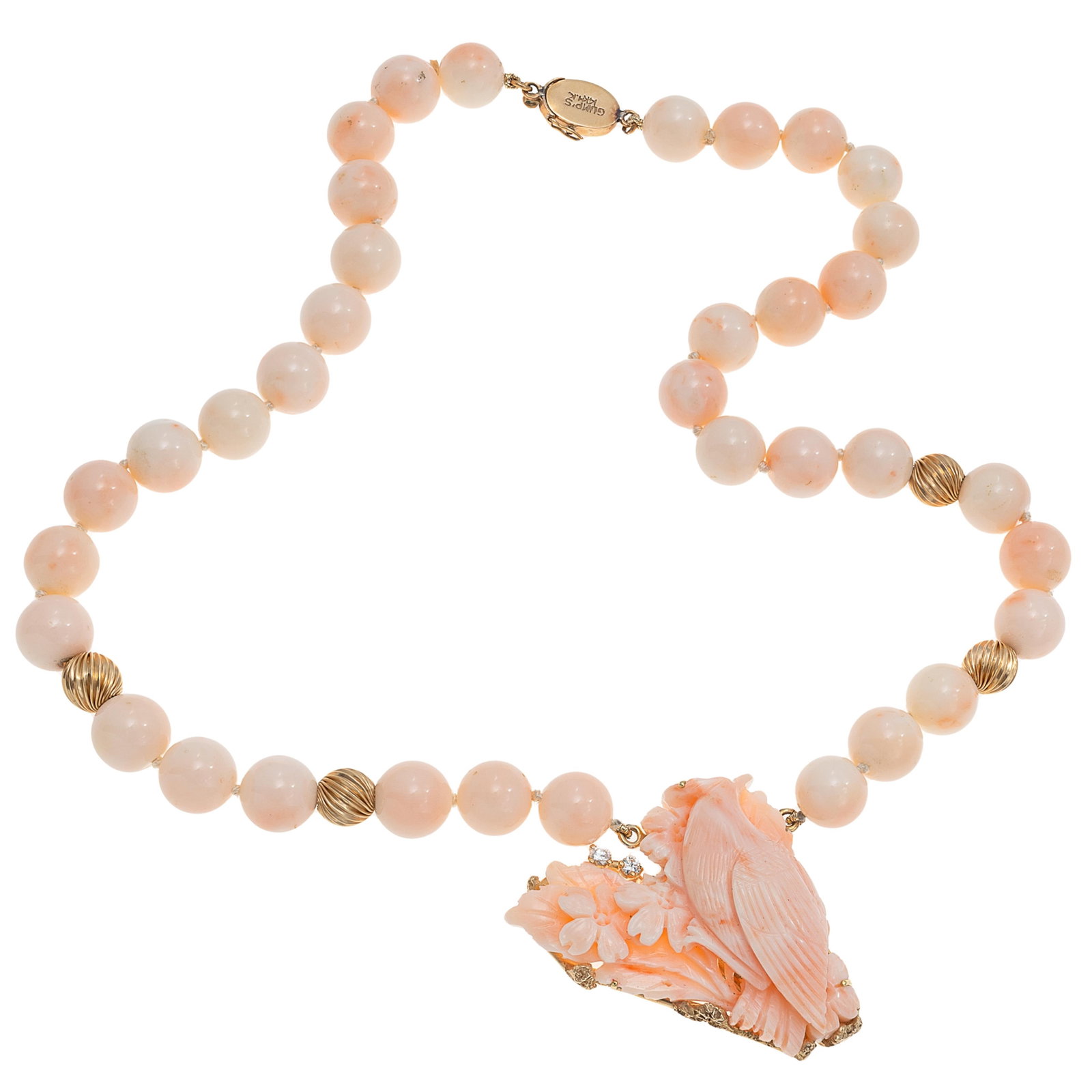 Angel Skin Coral, Diamond, 14k Necklace, Gump's: Angel Skin Coral, Diamond, 14k Necklace, Gump's Featuring a carved coral pendant depicting a bird perched on a flowering branch, accented by two round brilliant-cut diamonds weighing a total of approx