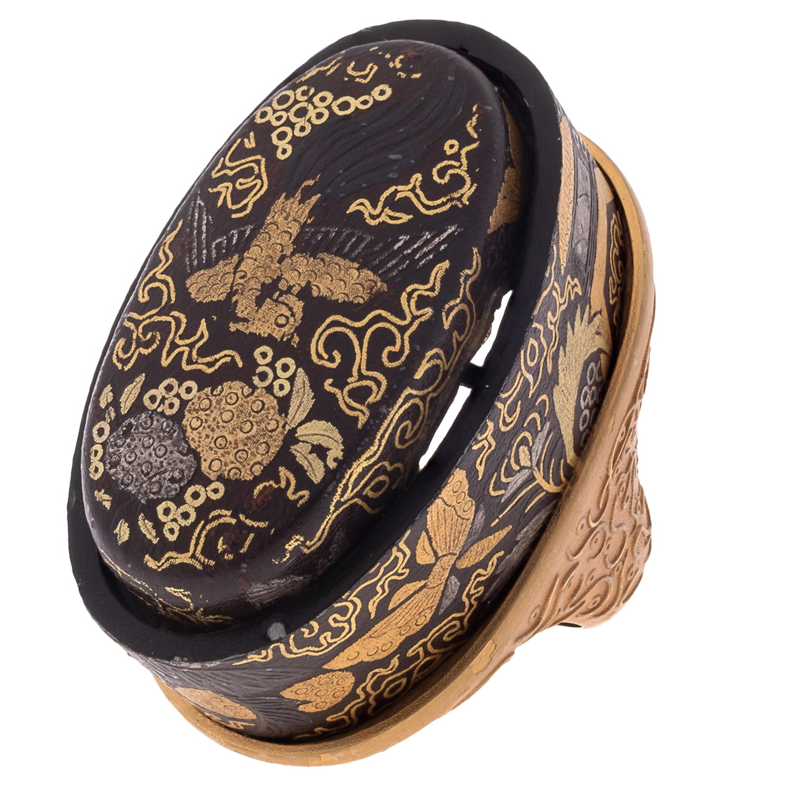 Shakudo, Mixed Metals, 14k Yellow Gold Ring: Shakudo, Mixed Metals, 14k Yellow Gold Ring Designed as a shakudo fuchi with kashira, carved and inlaid with mixed metal flowers, beasts, birds and insects, measuring approximately 1.50 x 0.90 inches,
