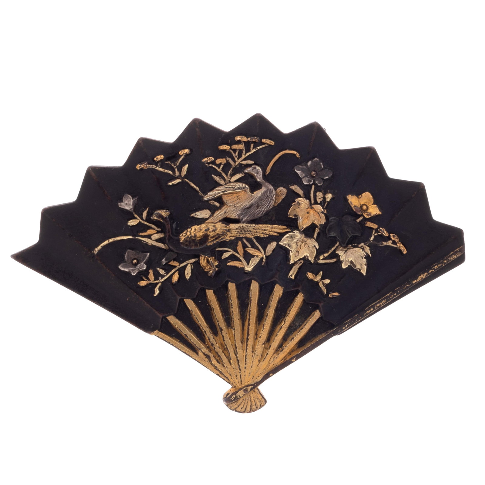 Shakudo, Mixed Metals Fan Pin: Shakudo, Mixed Metals Fan Pin Designed as an open fan, the leaves highlighted by applied mixed metal flowers and cranes, set in a shakudo pin mounting measuring approximately 2.00 x 1.30 inches.