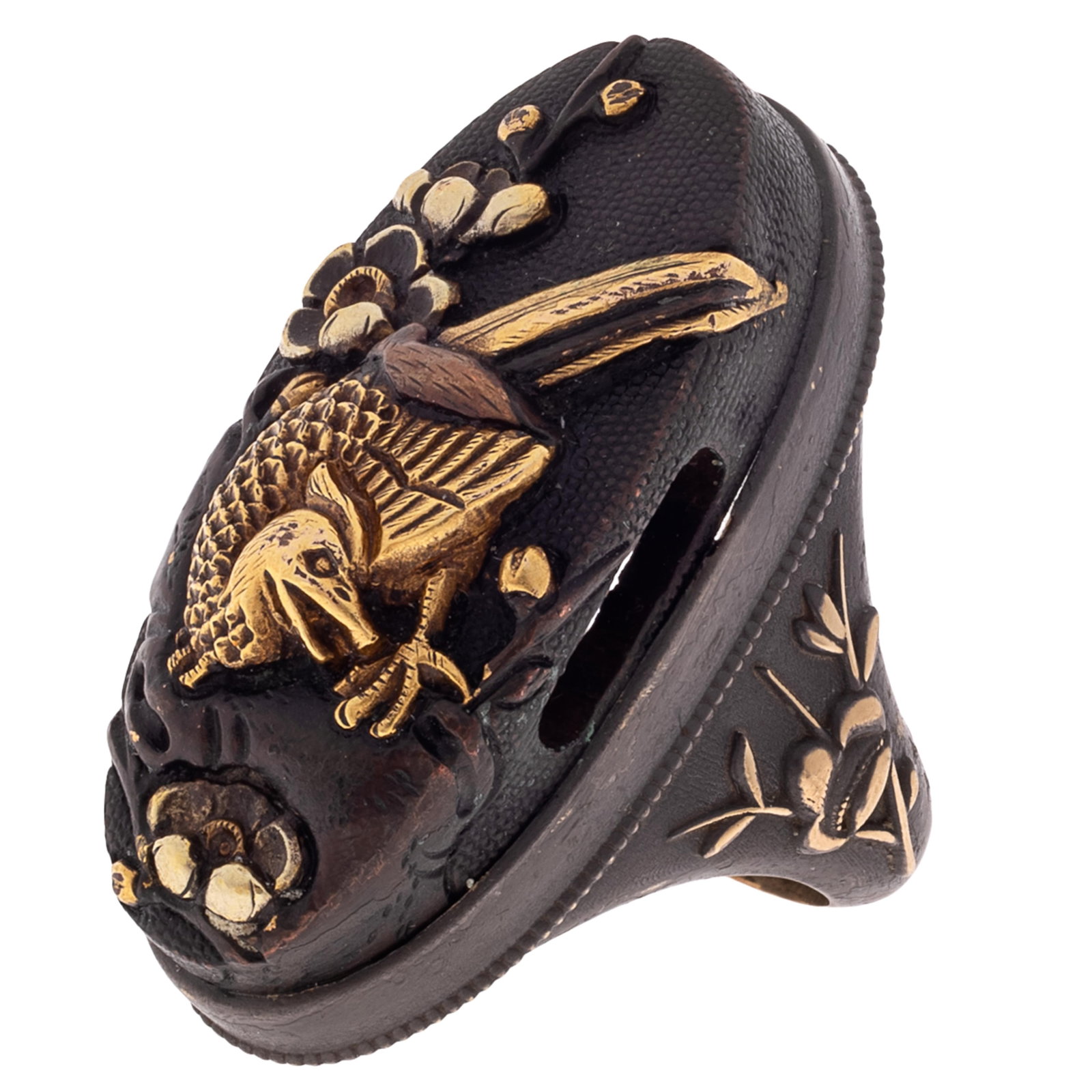 Shakudo, 14k Yellow Gold Ring: Shakudo, 14k Yellow Gold Ring The shakudo fuchi embellished with a bird amongst flower blossoms, measuring approximately 1.45 x 0.65 inches, fitted to a custom, 14k blackened and yellow gold ring