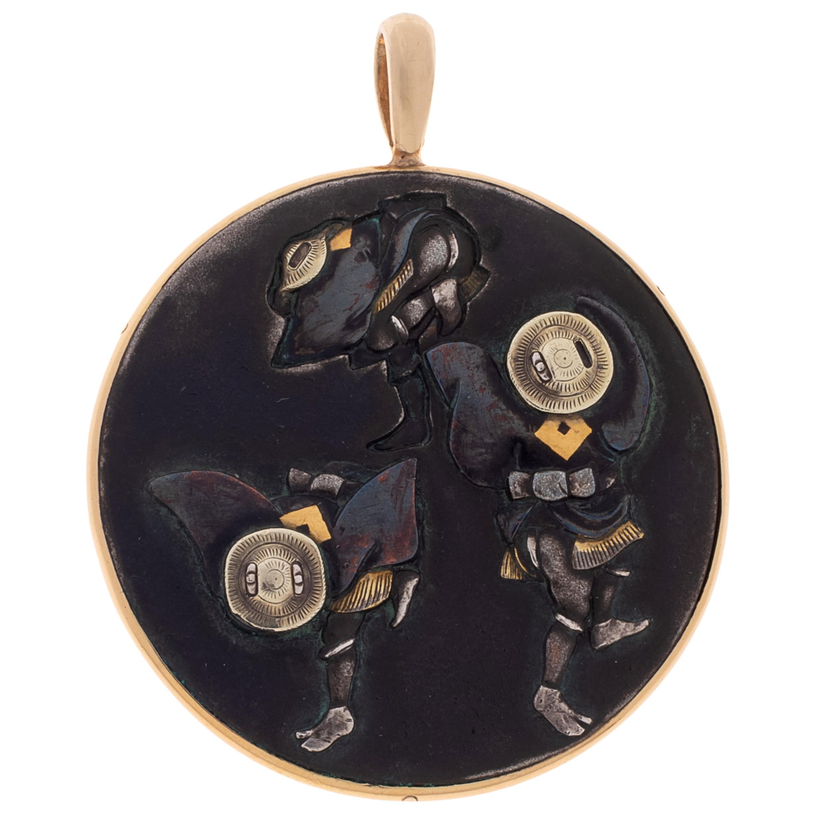 Shakudo, 14k Yellow Gold Pendant: Shakudo, 14k Yellow Gold Pendant The shakudo disc featuring three standing figures highlighted with mixed metals, set in a 14k yellow gold pendant mounting measuring approximately 1.70 x 1.40 inches.