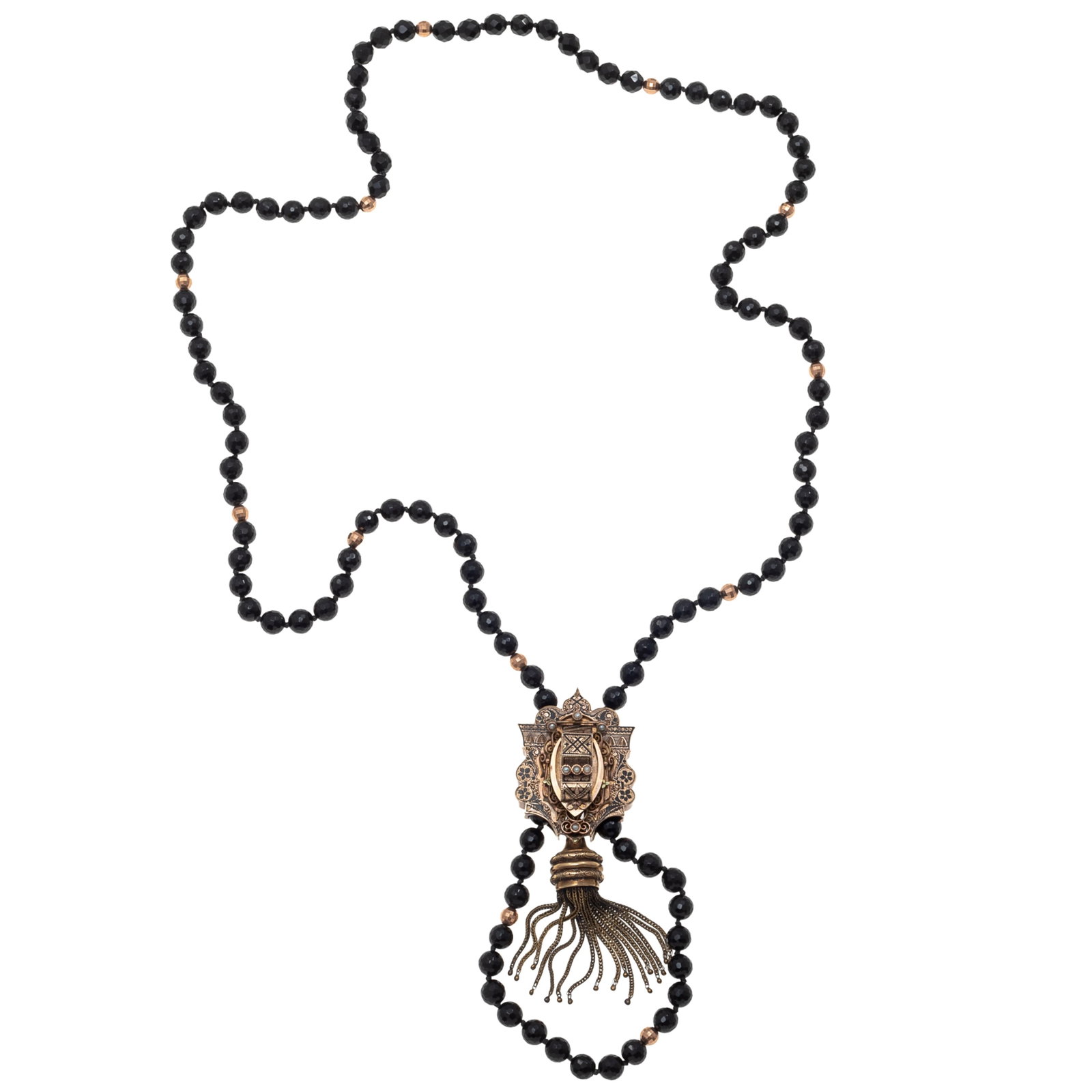 Onyx, Pearl, Enamel, 14k Rose Gold Necklace: Onyx, Pearl, Enamel, 14k Rose Gold Necklace Composed of faceted onyx beads, each measuring approximately 8.0 mm, accented by 14k rose gold beads, each measuring approximately 5.8 mm, joined to a Victo