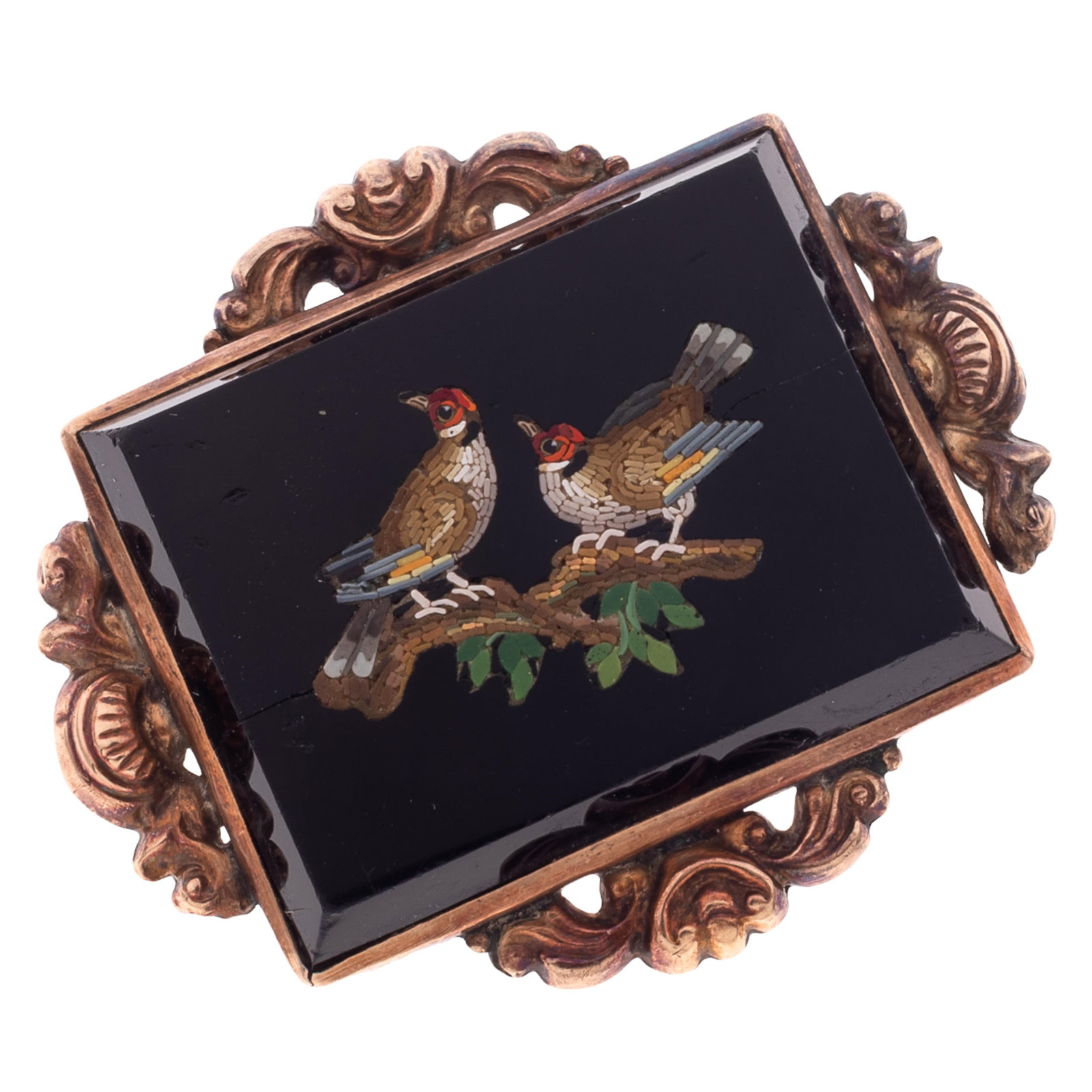Victorian Micromosaic, 14k Rose Gold Pin: Victorian Micromosaic, 14k Rose Gold Pin Featuring a micromosaic depicting two birds perched on a leafy branch, centered in a rectangular glass plaque and set in a scrolled, 14k rose gold pin