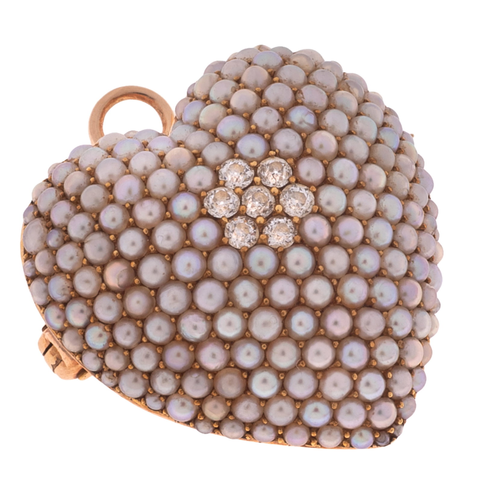 Antique Diamond, Seed Pearl, 14k Rose Gold Watch Pin, Krementz: Antique Diamond, Seed Pearl, 14k Rose Gold Watch Pin, Krementz Designed as a heart centering seven full-cut diamonds weighing a total of approximately 0.21 cttw., accented by numerous seed pearls,